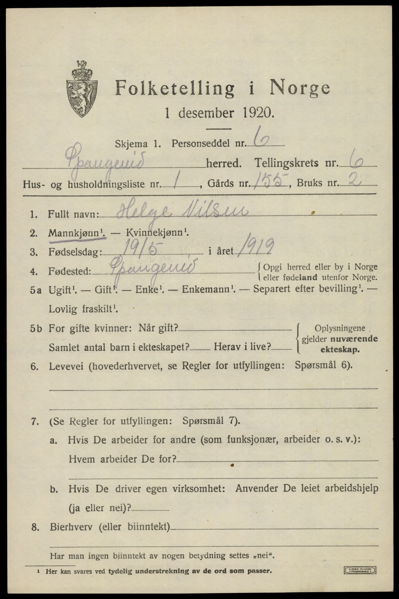 SAK, 1920 census for Spangereid, 1920, p. 2215