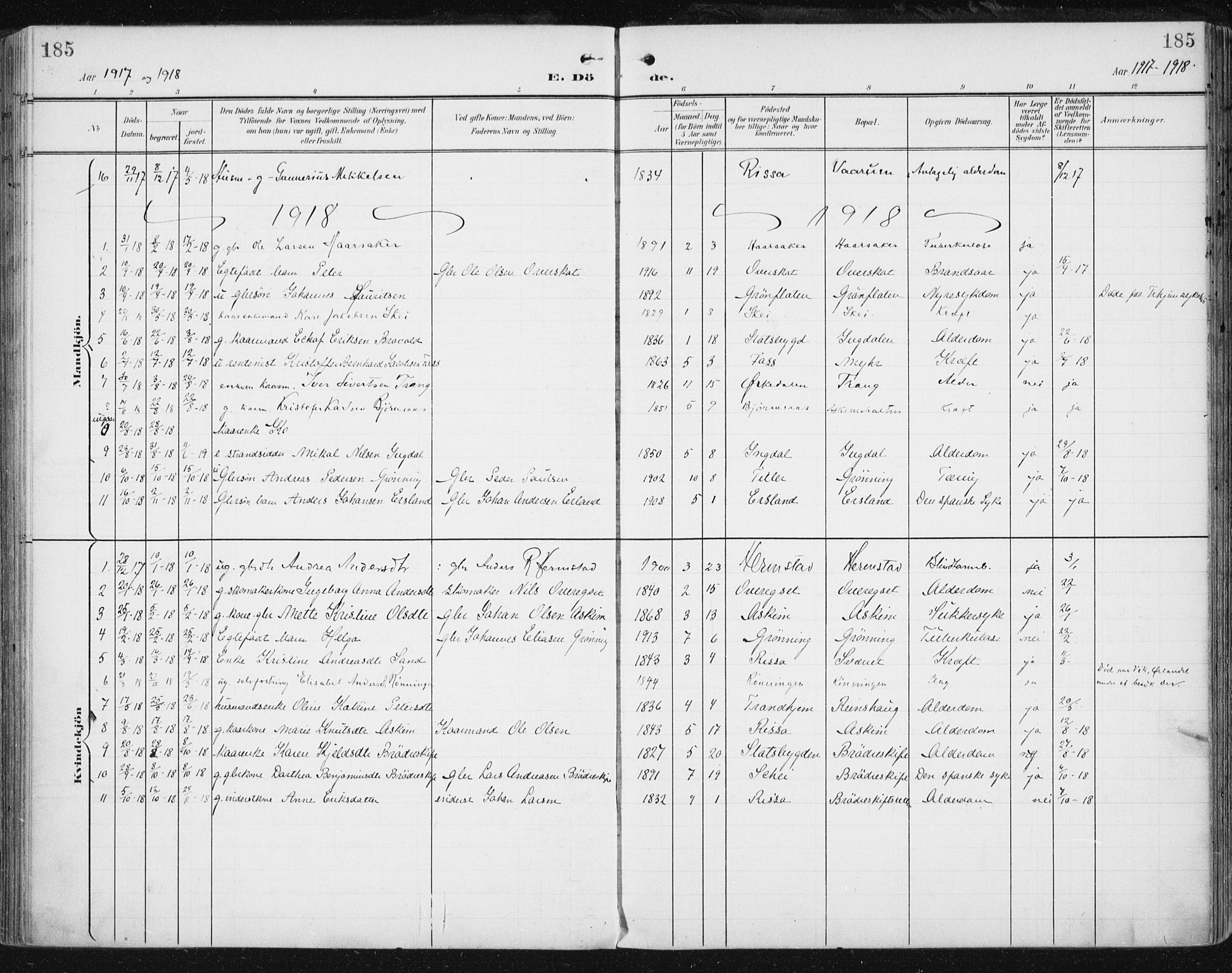 Ministerialprotokoller, klokkerbøker og fødselsregistre - Sør-Trøndelag, SAT/A-1456/646/L0616: Parish register (official) no. 646A14, 1900-1918, p. 185