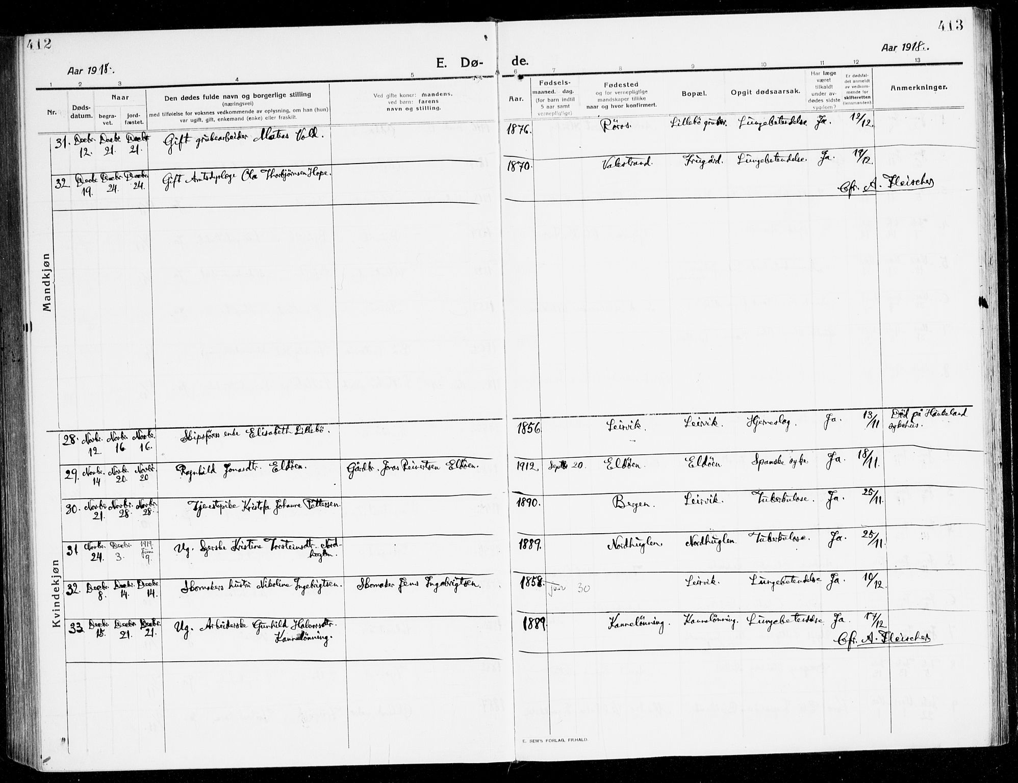 Stord sokneprestembete, SAB/A-78201/H/Haa: Parish register (official) no. B 3, 1913-1925, p. 412-413