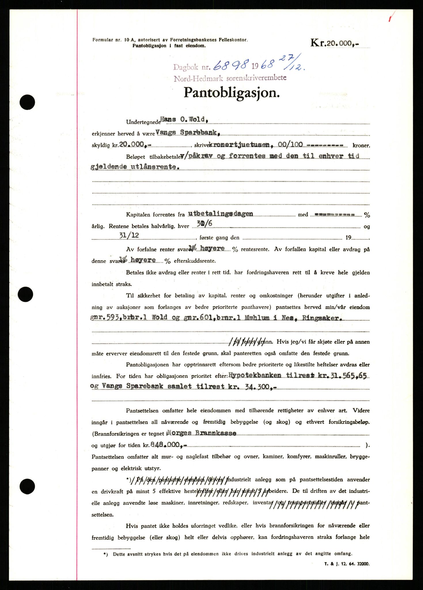 Nord-Hedmark sorenskriveri, SAH/TING-012/H/Hb/Hbf/L0077: Mortgage book no. B77, 1968-1969, Diary no: : 6898/1968