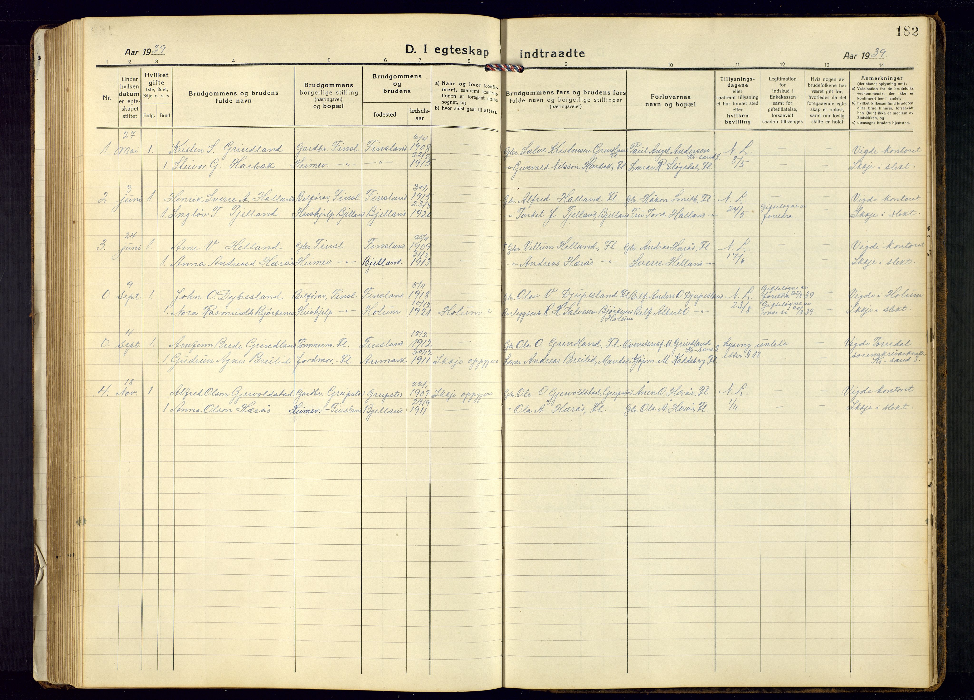 Bjelland sokneprestkontor, AV/SAK-1111-0005/F/Fb/Fbb/L0006: Parish register (copy) no. B-6, 1918-1946, p. 182