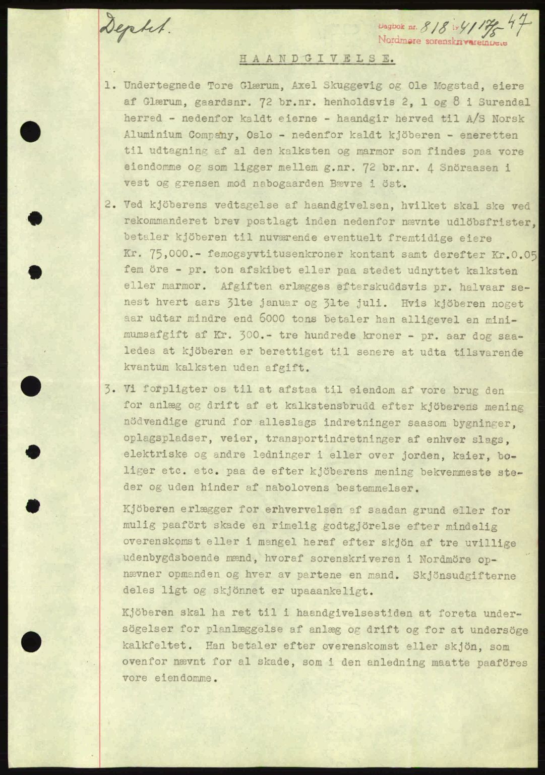 Nordmøre sorenskriveri, AV/SAT-A-4132/1/2/2Ca: Mortgage book no. B88, 1941-1942, Diary no: : 818/1941