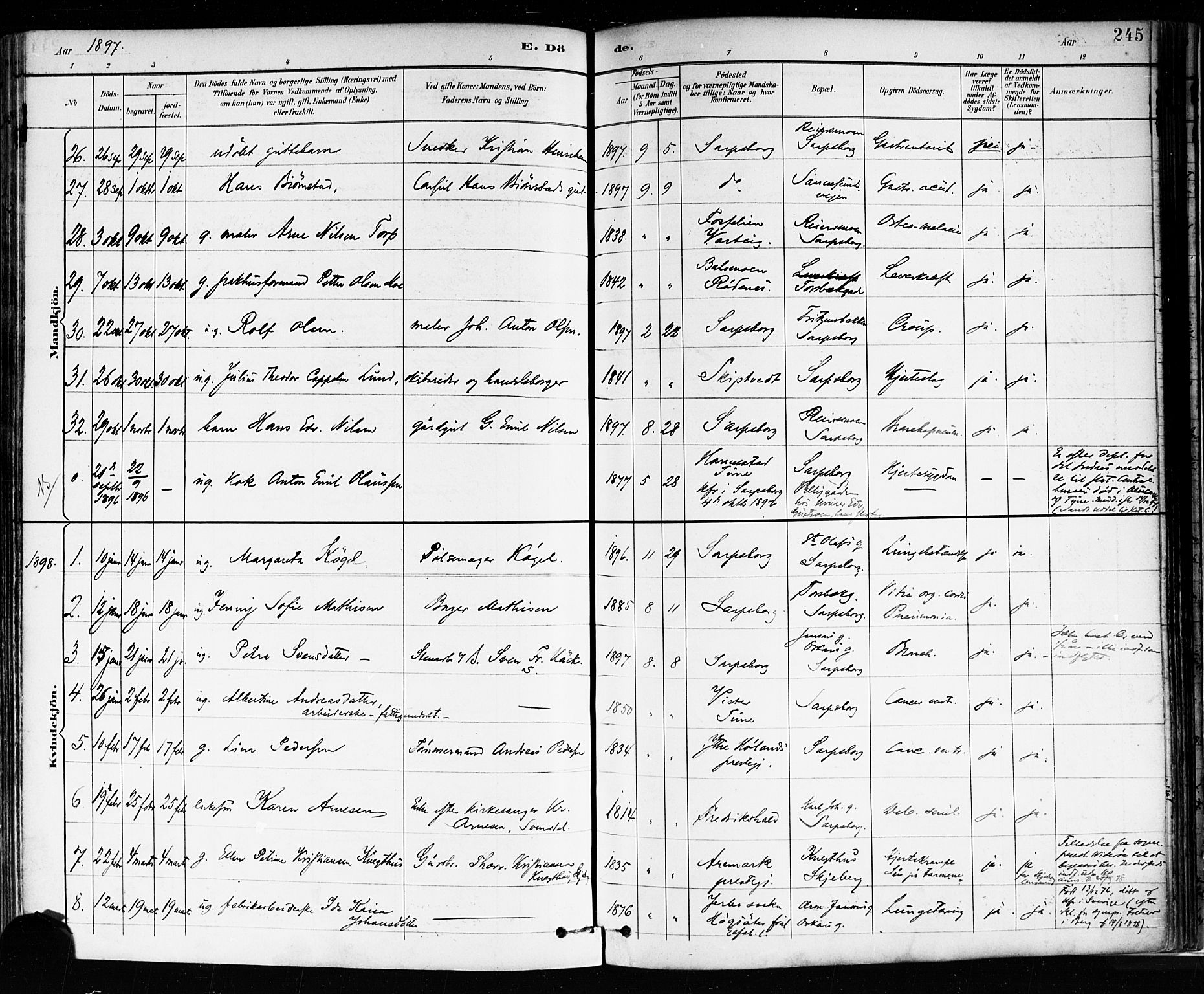 Sarpsborg prestekontor Kirkebøker, SAO/A-2006/F/Fa/L0004: Parish register (official) no. 4, 1892-1899, p. 245