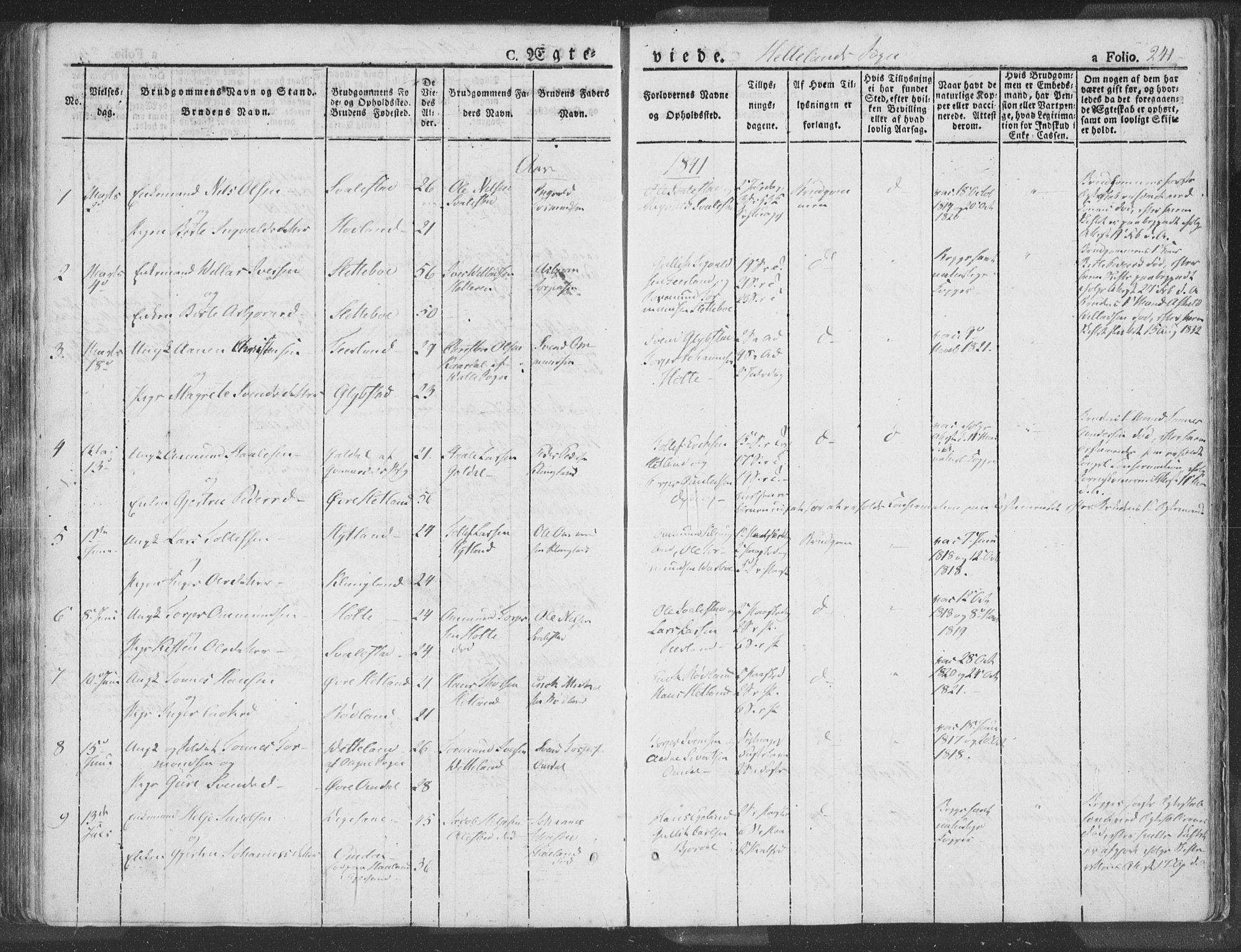 Helleland sokneprestkontor, AV/SAST-A-101810: Parish register (official) no. A 6.1, 1834-1863, p. 241