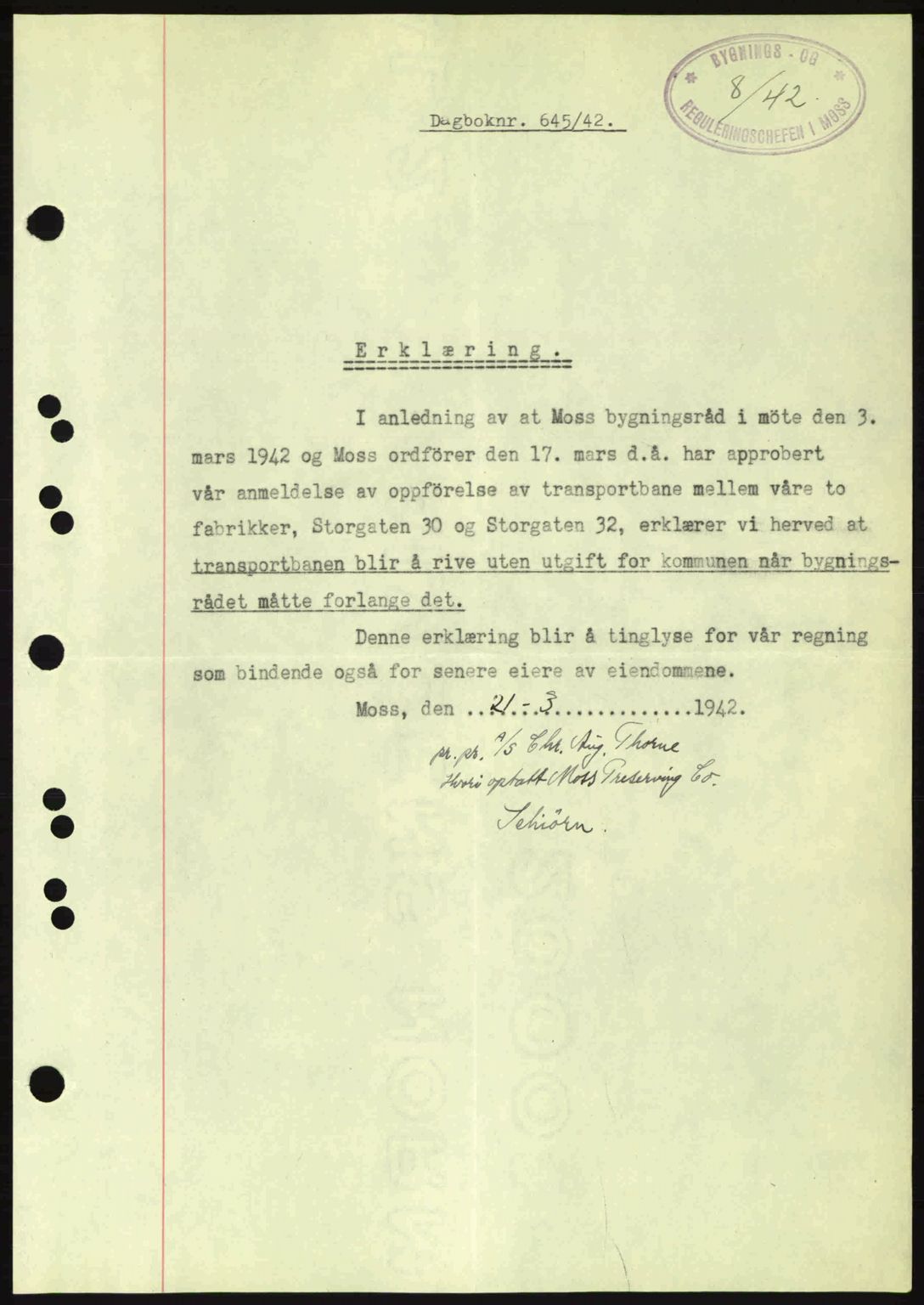 Moss sorenskriveri, SAO/A-10168: Mortgage book no. A9, 1941-1942, Diary no: : 645/1942