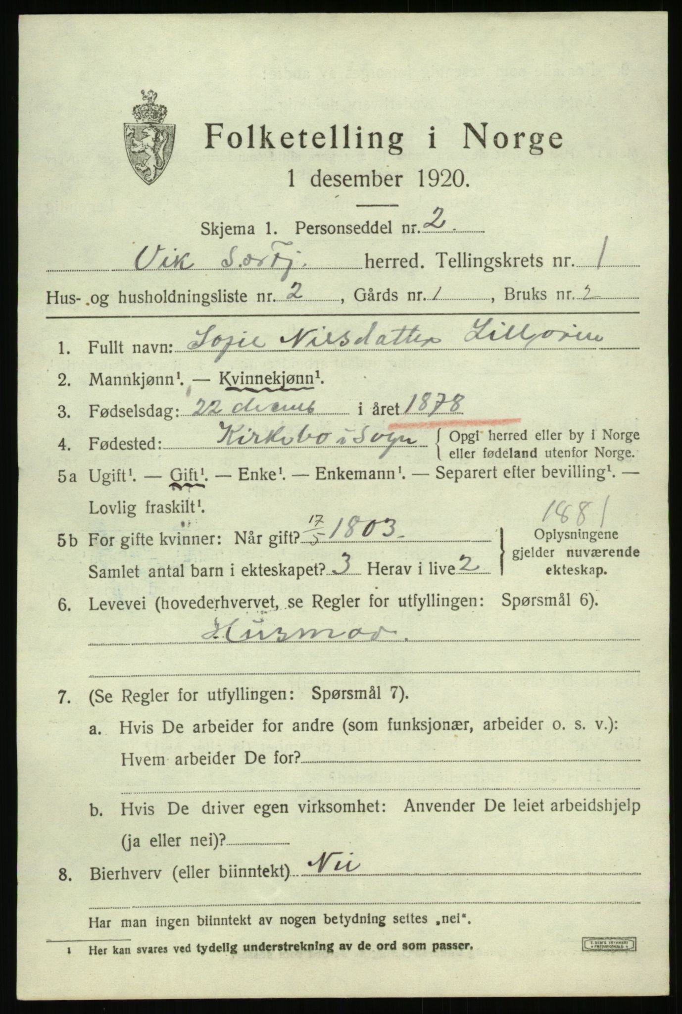 SAB, 1920 census for Vik, 1920, p. 1311