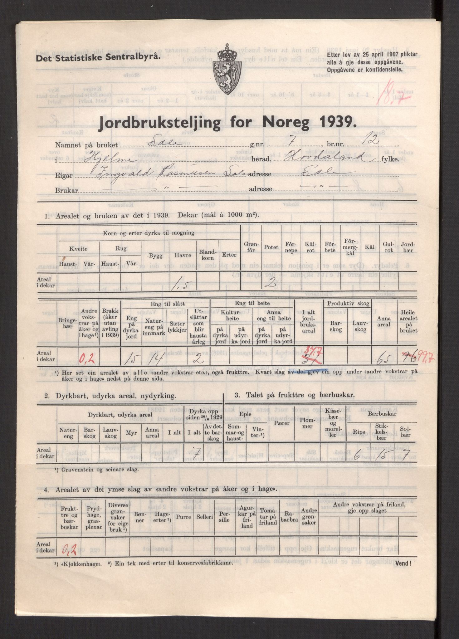 Statistisk sentralbyrå, Næringsøkonomiske emner, Jordbruk, skogbruk, jakt, fiske og fangst, AV/RA-S-2234/G/Gb/L0211: Hordaland: Herdla, Hjelme og Manger, 1939, p. 1377