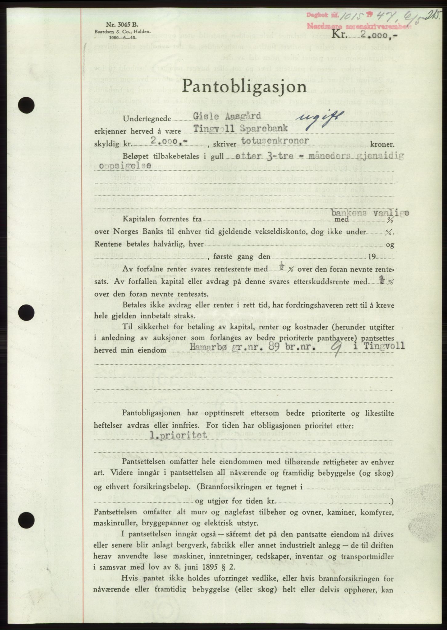 Nordmøre sorenskriveri, AV/SAT-A-4132/1/2/2Ca: Mortgage book no. B96, 1947-1947, Diary no: : 1015/1947