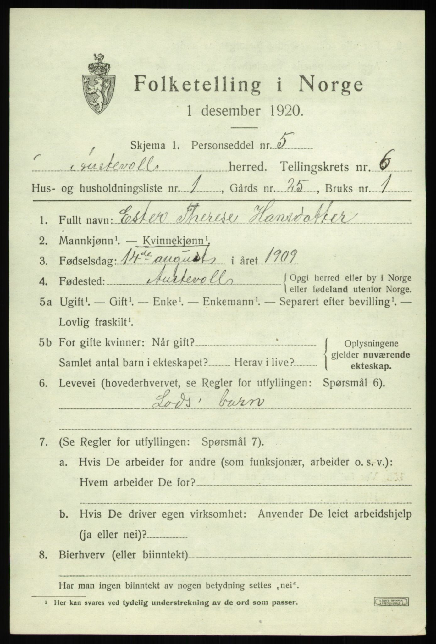 SAB, 1920 census for Austevoll, 1920, p. 3162