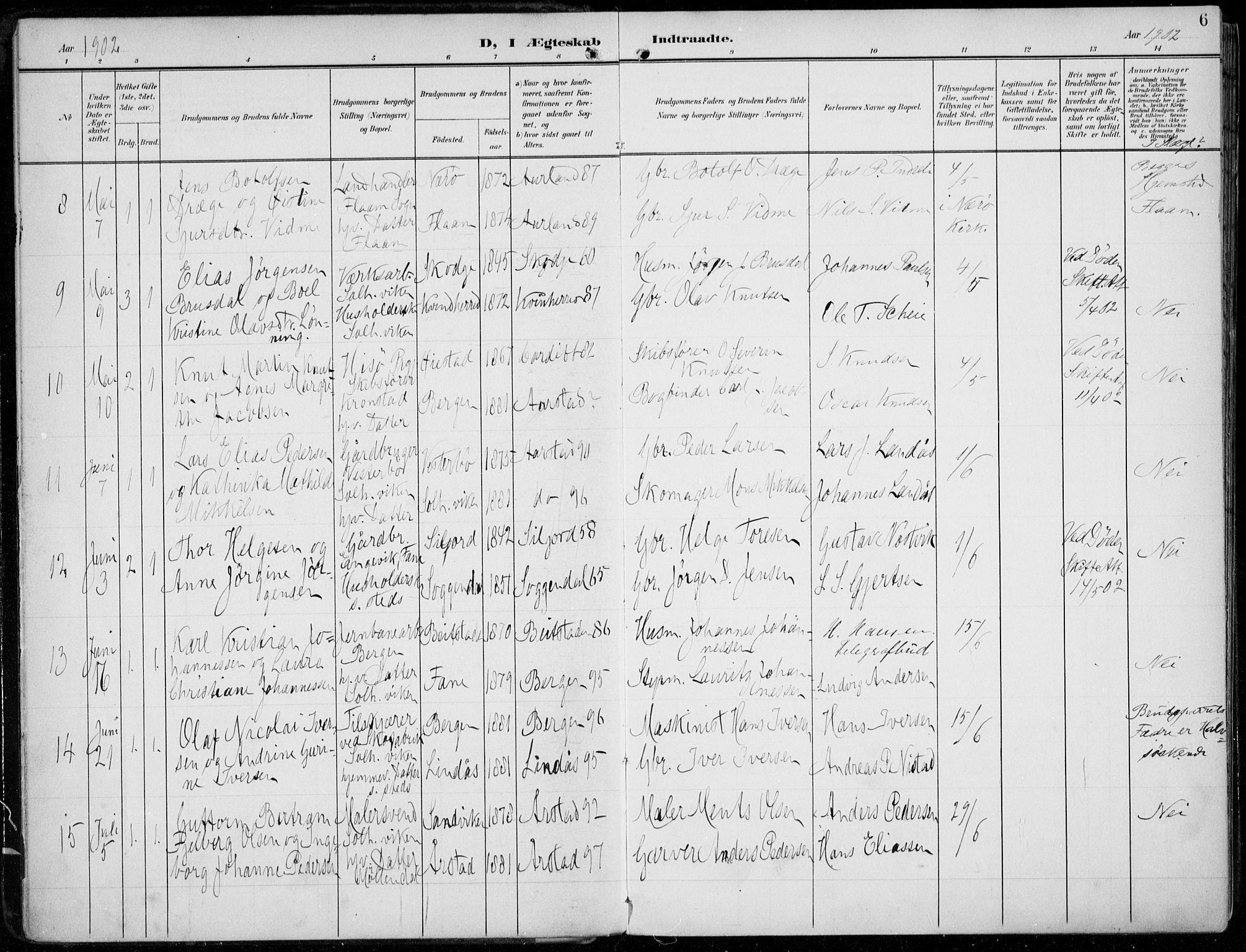 Årstad Sokneprestembete, AV/SAB-A-79301/H/Haa/L0009: Parish register (official) no. C 1, 1902-1918, p. 6