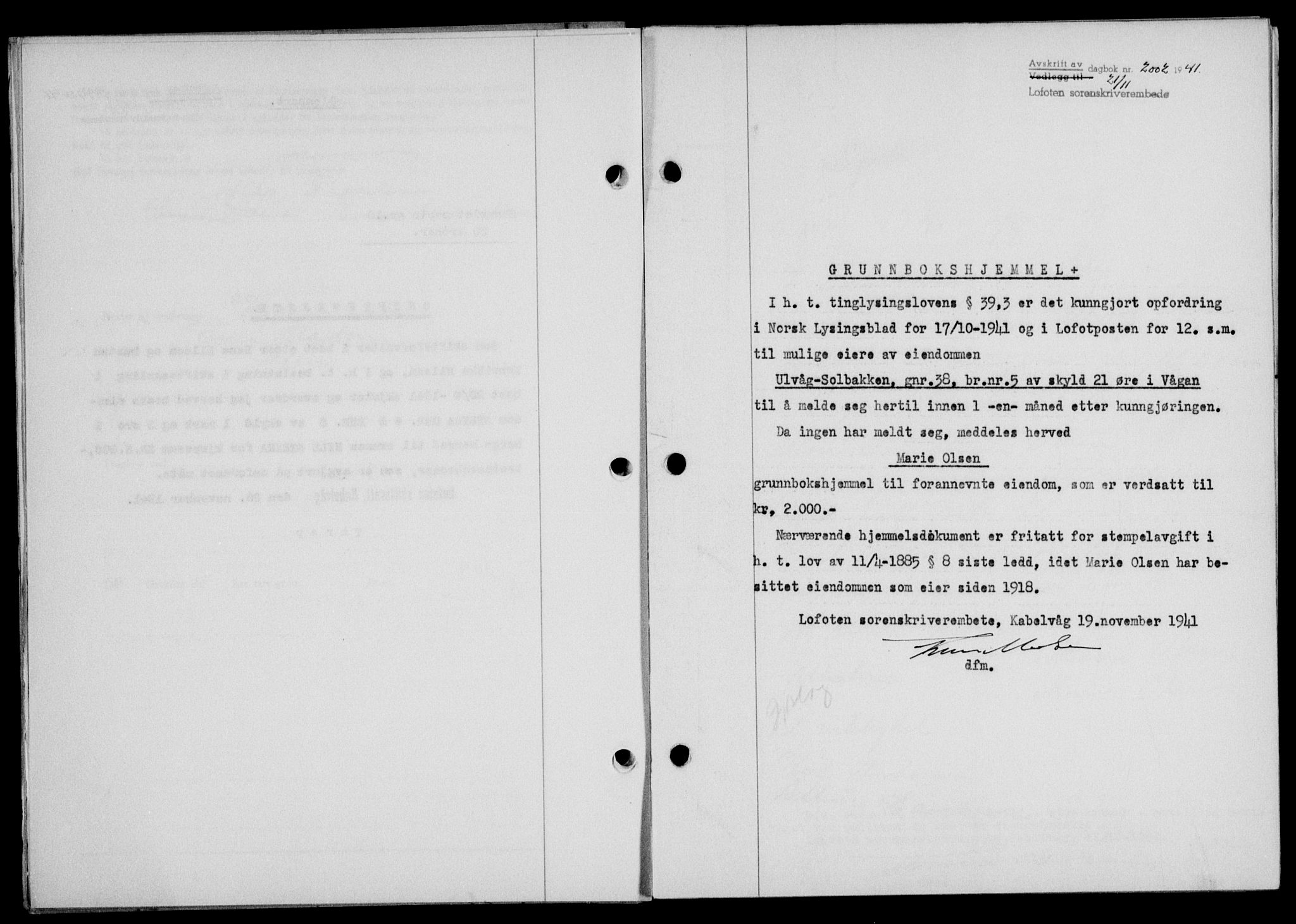 Lofoten sorenskriveri, SAT/A-0017/1/2/2C/L0009a: Mortgage book no. 9a, 1941-1942, Diary no: : 2002/1941