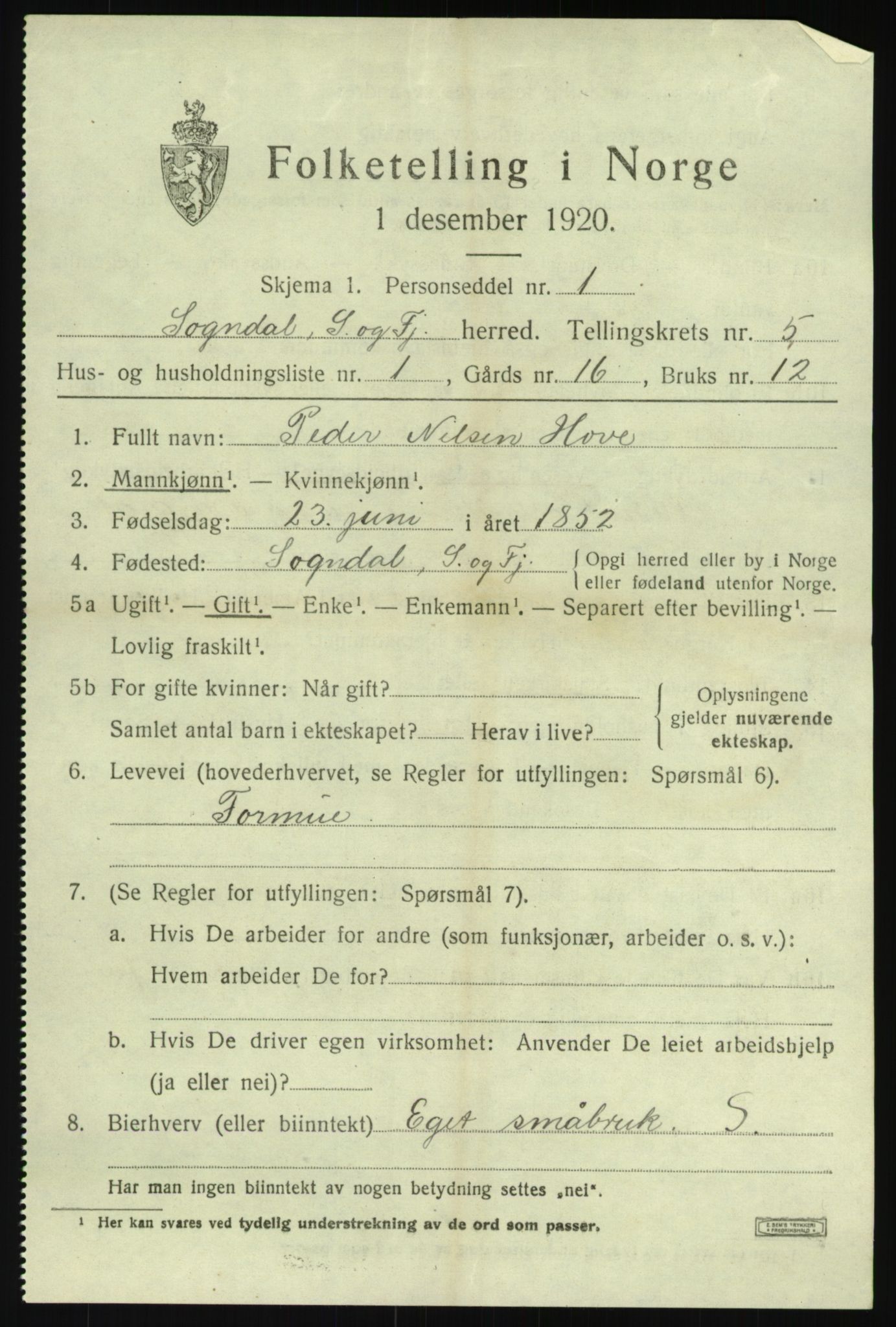 SAB, 1920 census for Sogndal, 1920, p. 2643