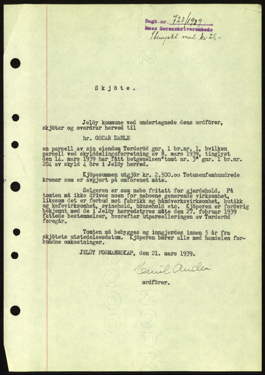 Moss sorenskriveri, SAO/A-10168: Mortgage book no. A5, 1938-1939, Diary no: : 723/1939