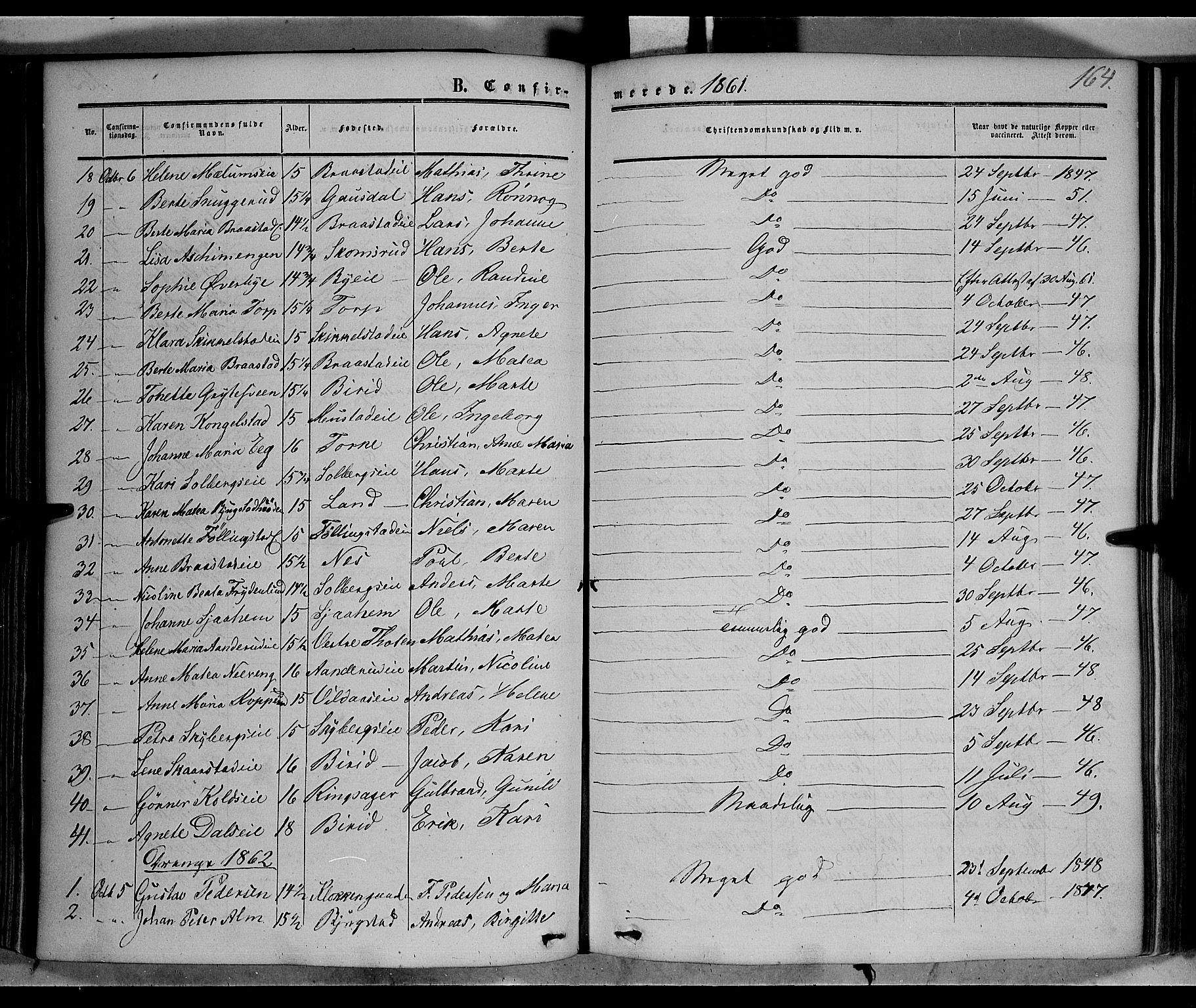 Vardal prestekontor, AV/SAH-PREST-100/H/Ha/Haa/L0006: Parish register (official) no. 6, 1854-1866, p. 164