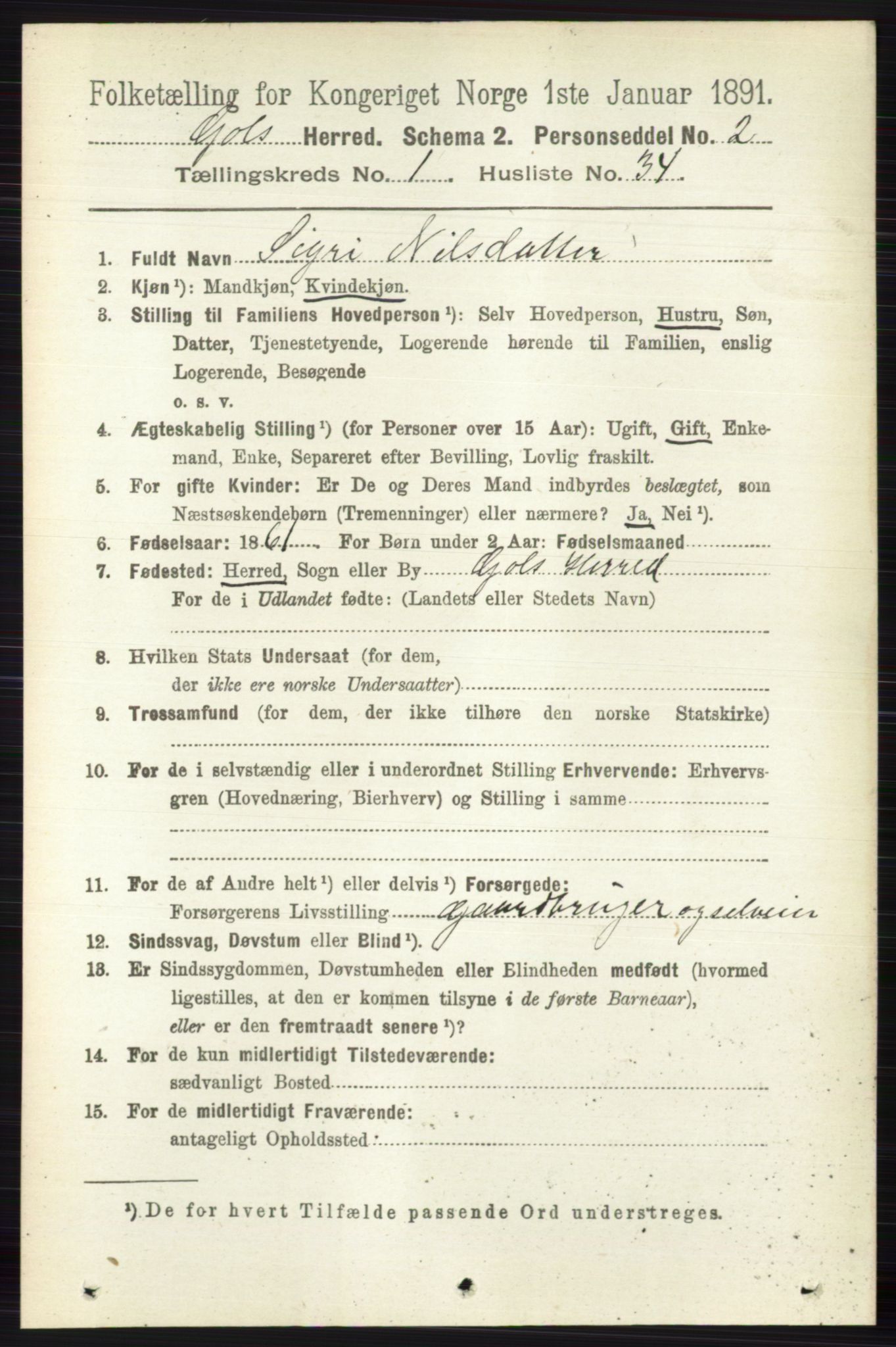 RA, 1891 census for 0617 Gol og Hemsedal, 1891, p. 286