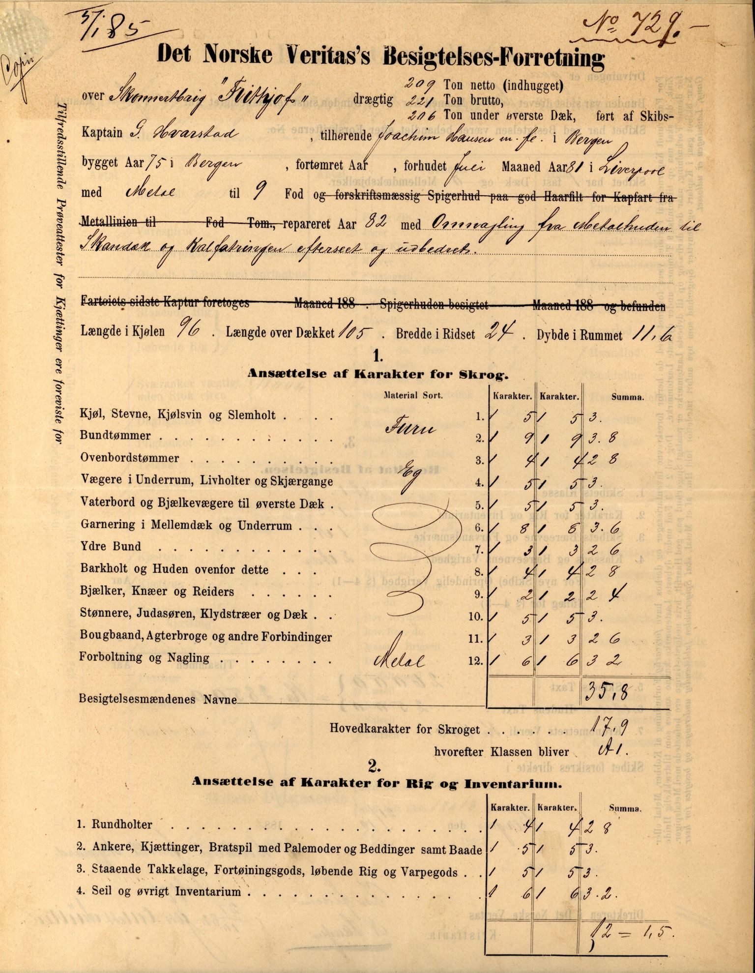 Pa 63 - Østlandske skibsassuranceforening, VEMU/A-1079/G/Ga/L0017/0010: Havaridokumenter / Frithjof, Grid, Gratitude, Gaselle, Garibaldi, 1884, p. 6