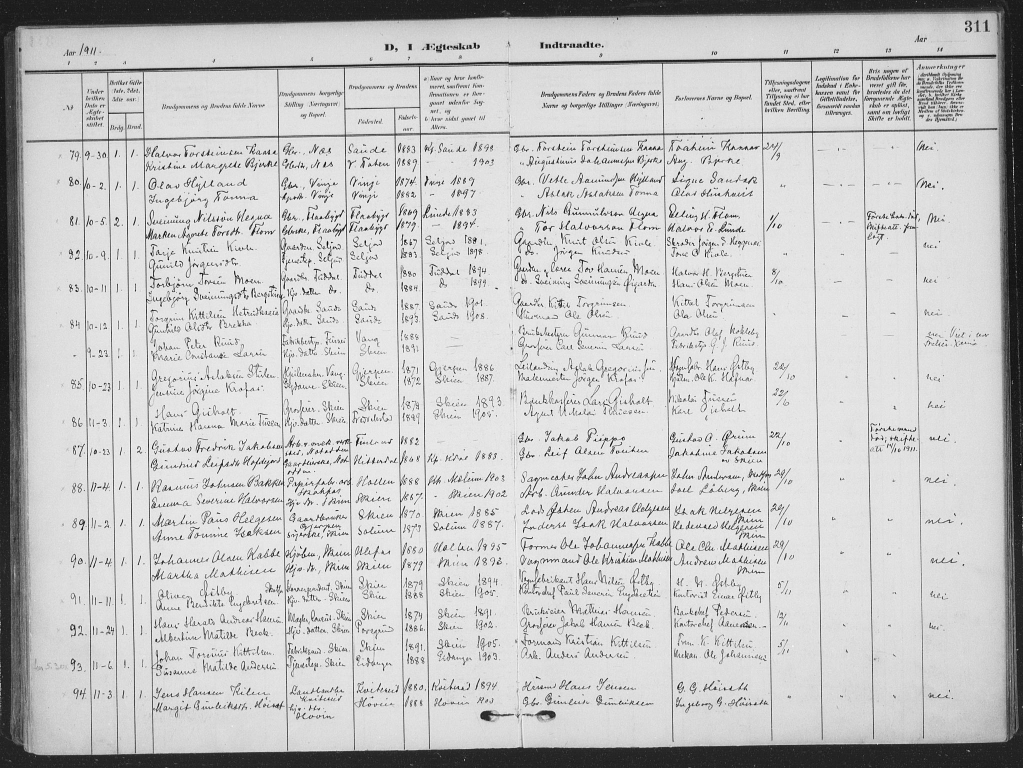 Skien kirkebøker, AV/SAKO-A-302/F/Fa/L0012: Parish register (official) no. 12, 1908-1914, p. 311