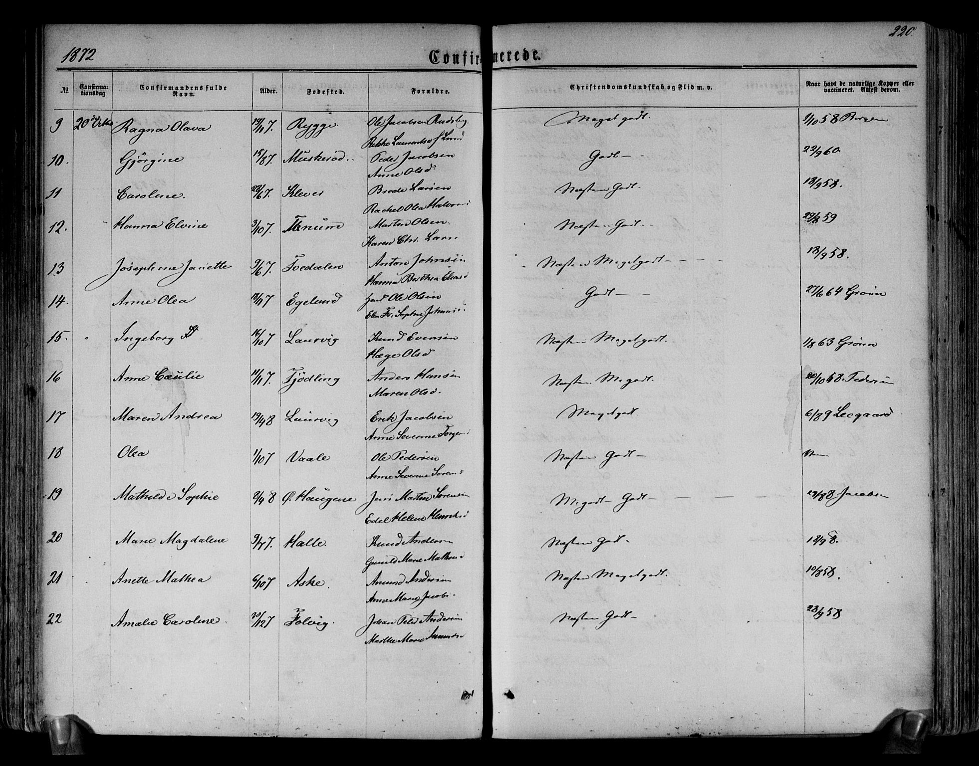 Brunlanes kirkebøker, AV/SAKO-A-342/F/Fa/L0005: Parish register (official) no. I 5, 1862-1877, p. 220