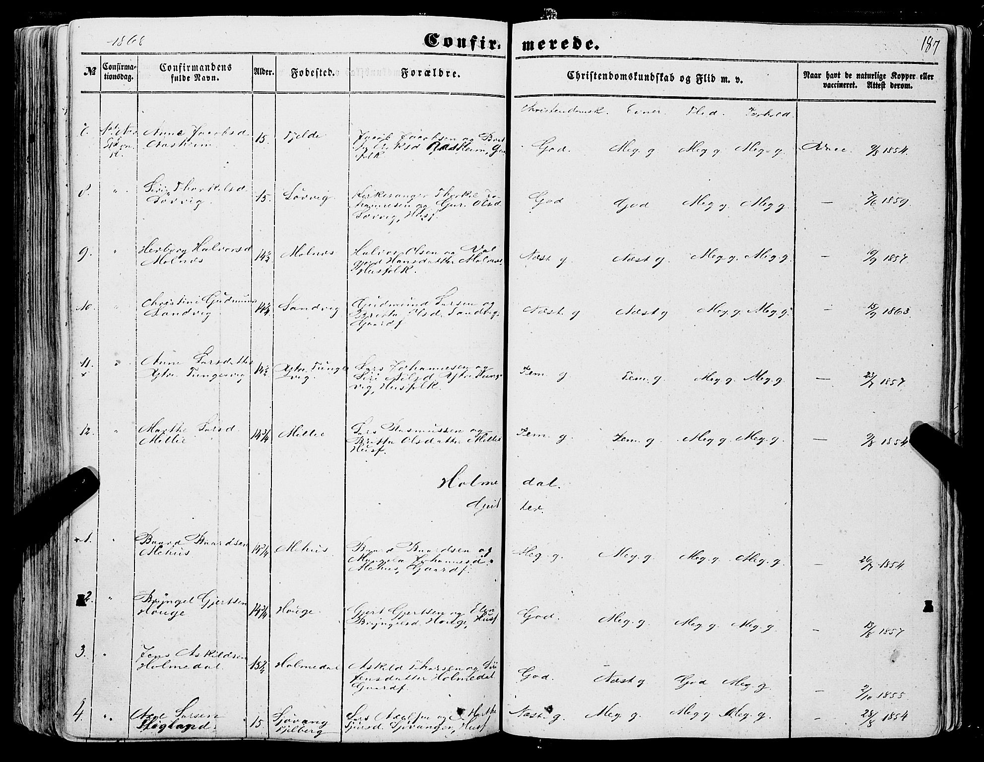 Skånevik sokneprestembete, AV/SAB-A-77801/H/Haa: Parish register (official) no. A 5I, 1848-1869, p. 187