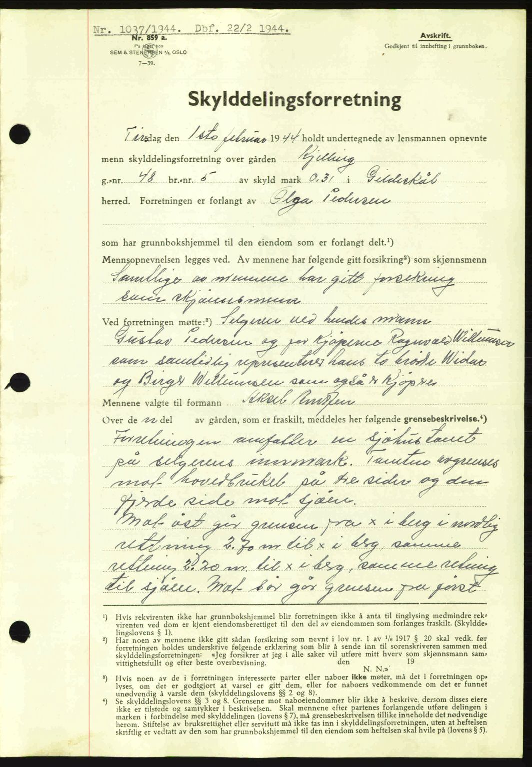 Salten sorenskriveri, AV/SAT-A-4578/1/2/2C: Mortgage book no. A14-15, 1943-1945, Diary no: : 1037/1944