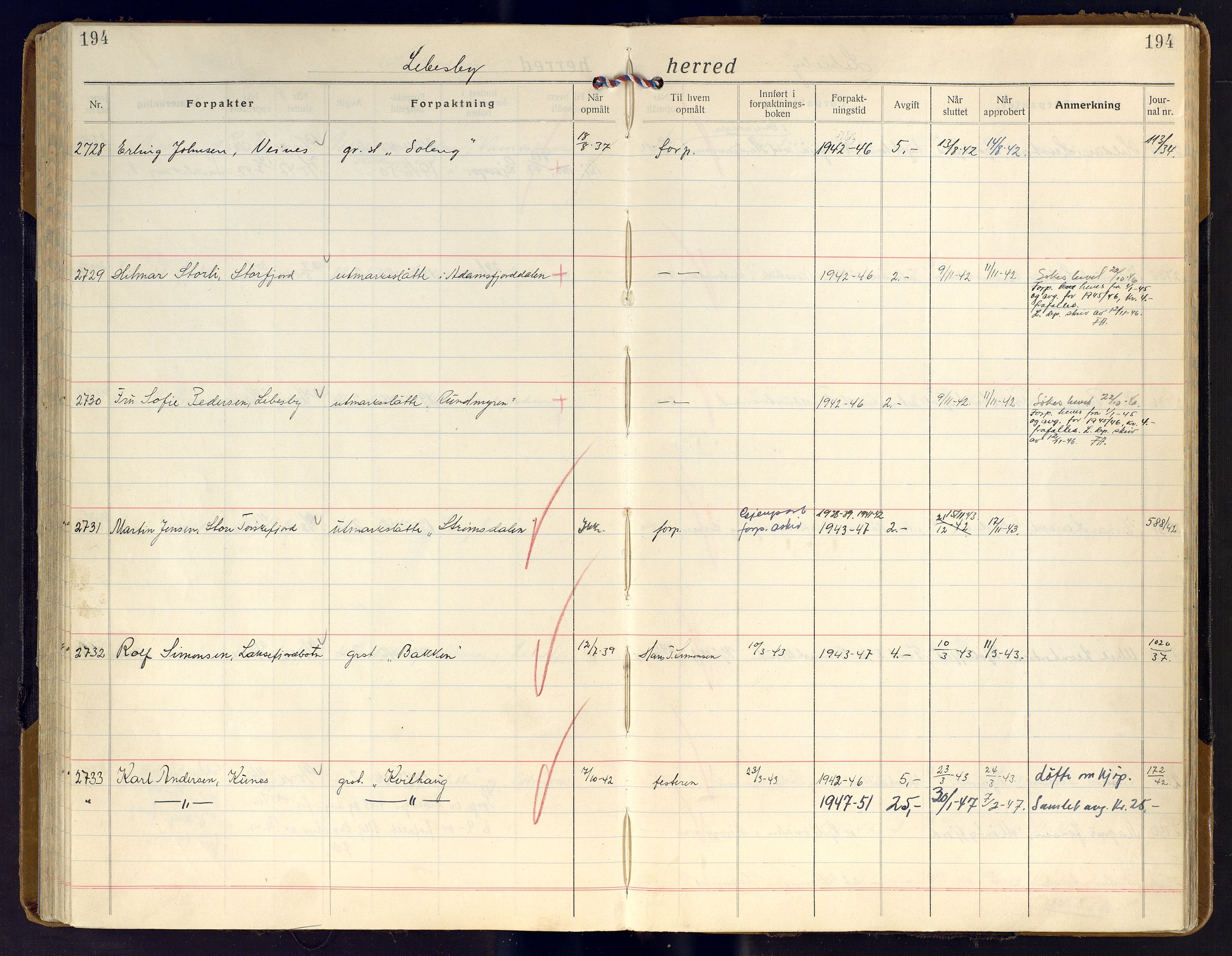 Finnmark jordsalgskommisjon/jordsalgskontor og Statskog SF Finnmark jordsalgskontor, AV/SATØ-S-1443/J/Ja/L0011: Forpaktningsbok for Finnmark II, 1921-1948, p. 194