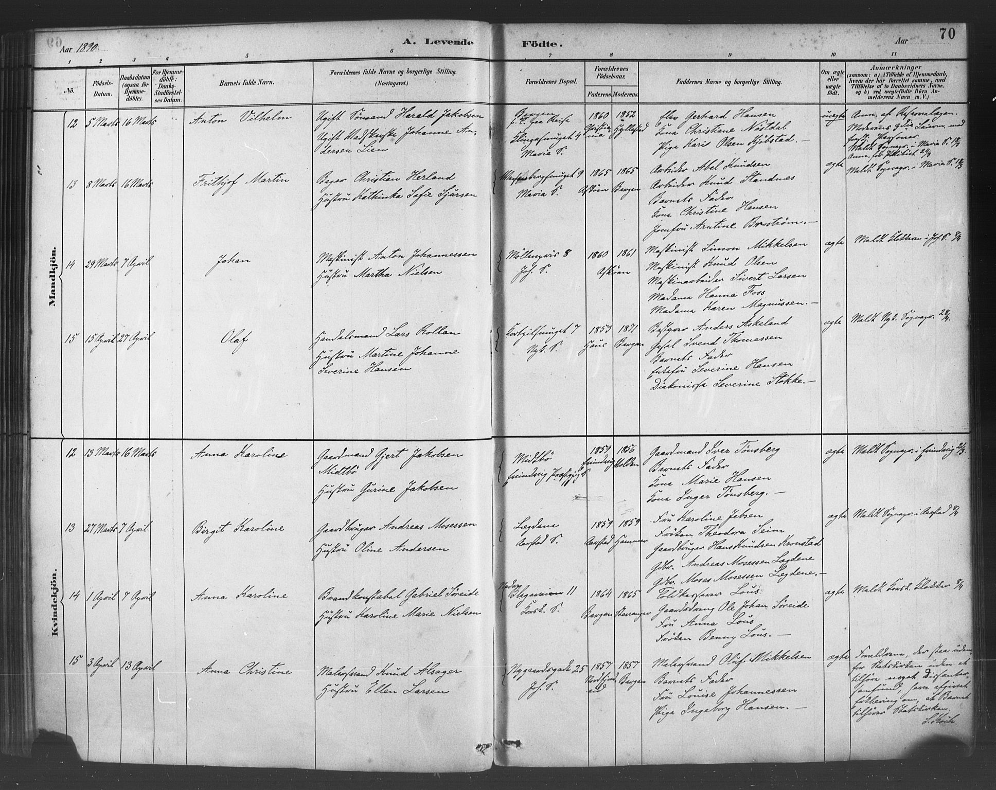 Fødselsstiftelsens sokneprestembete*, SAB/-: Parish register (official) no. A 2, 1884-1900, p. 70