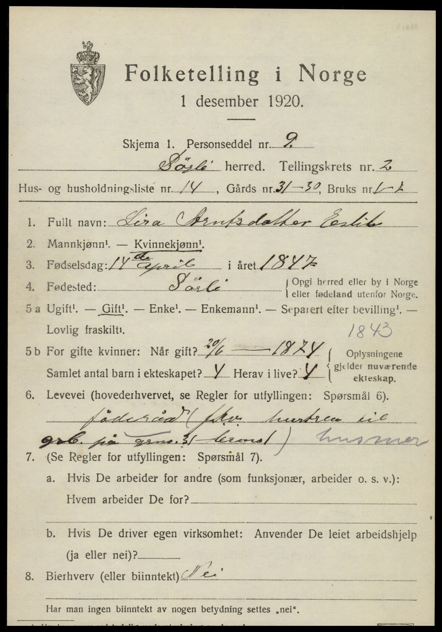 SAT, 1920 census for Sørli, 1920, p. 1023