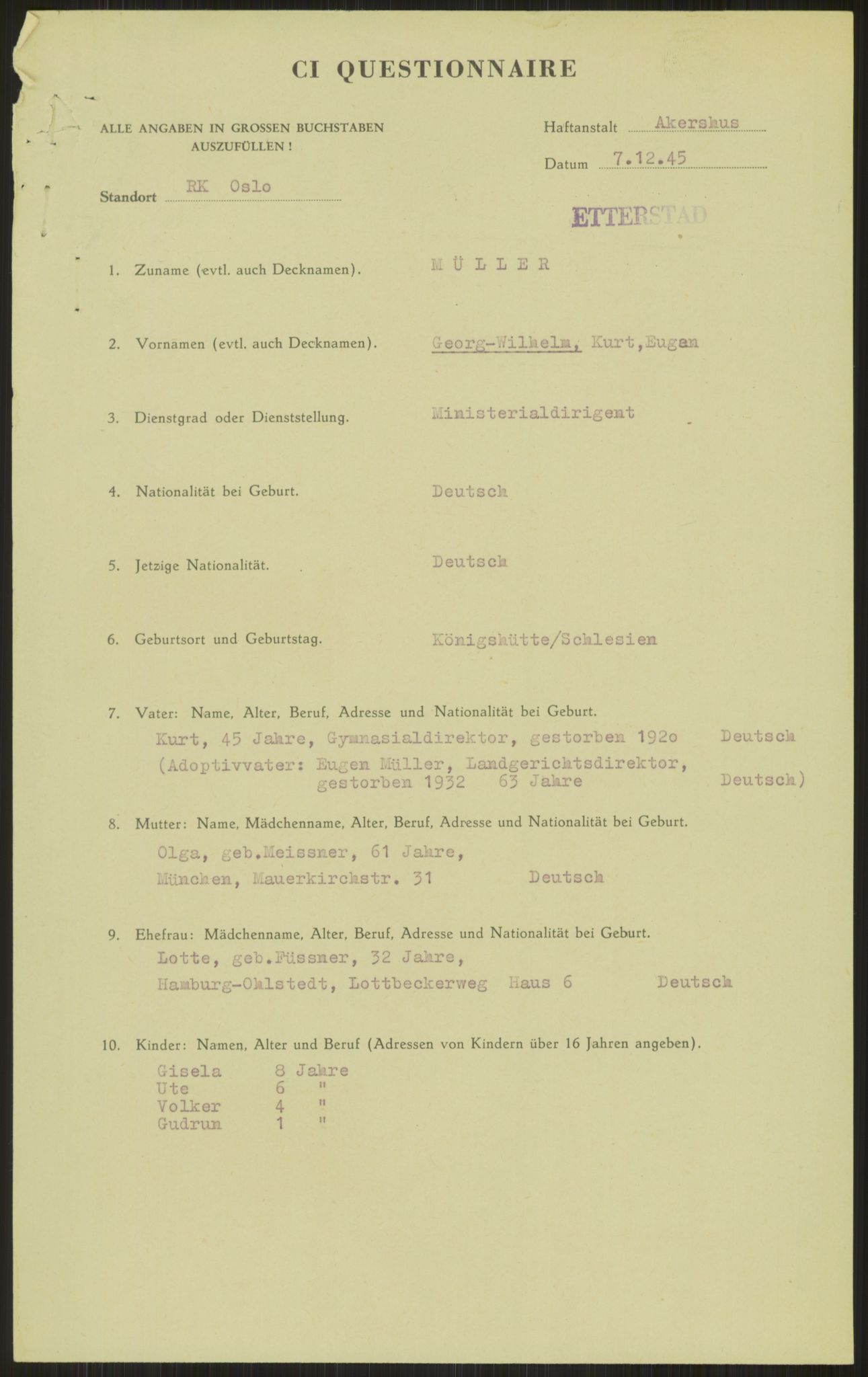 Forsvaret, Forsvarets overkommando II, AV/RA-RAFA-3915/D/Db/L0023: CI Questionaires. Tyske okkupasjonsstyrker i Norge. Tyskere., 1945-1946, p. 30