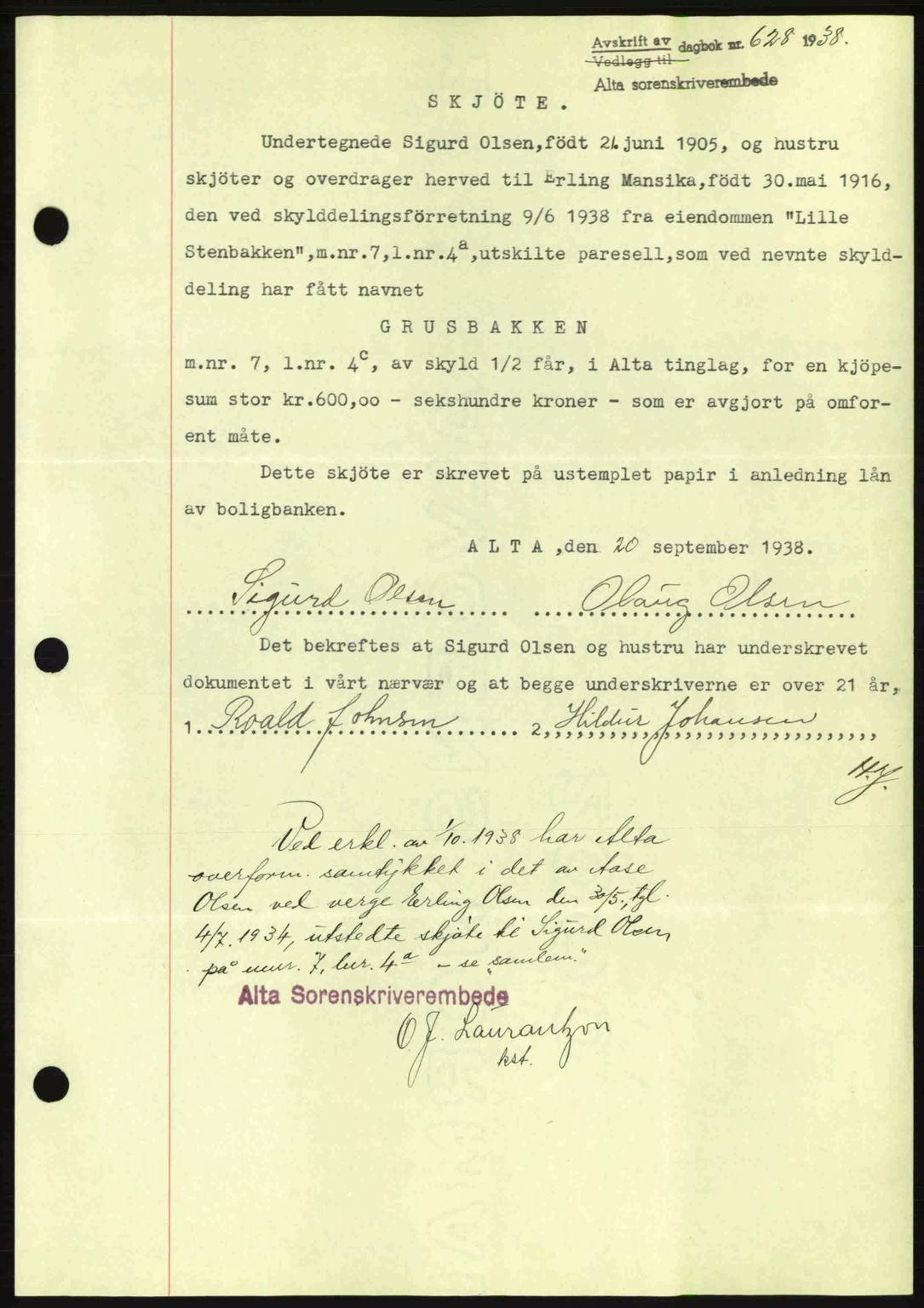 Alta fogderi/sorenskriveri, SATØ/SATØ-5/1/K/Kd/L0031pantebok: Mortgage book no. 31, 1938-1939, Diary no: : 628/1938