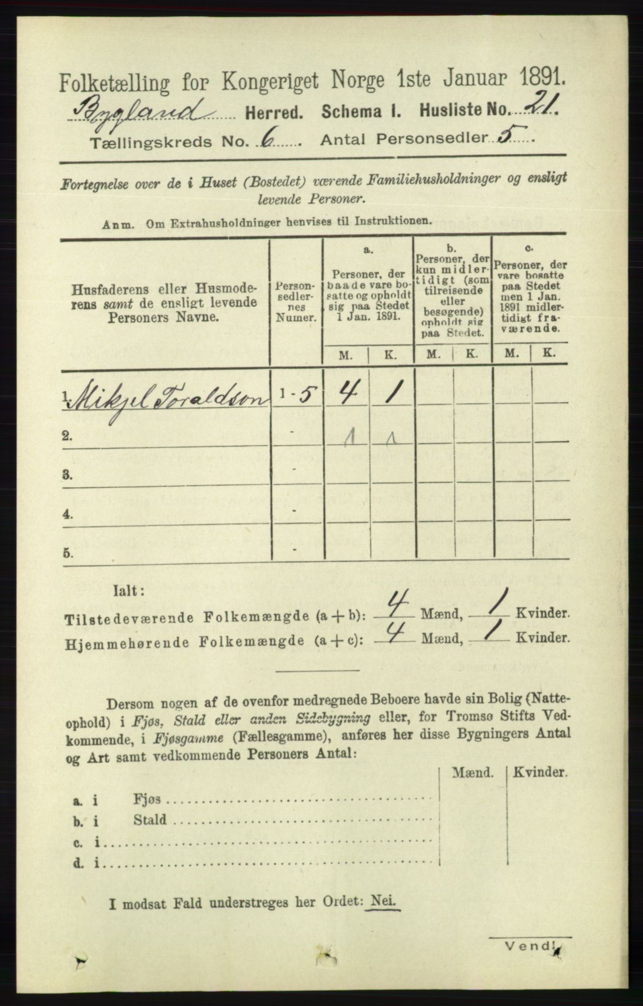 RA, 1891 census for 0938 Bygland, 1891, p. 1329