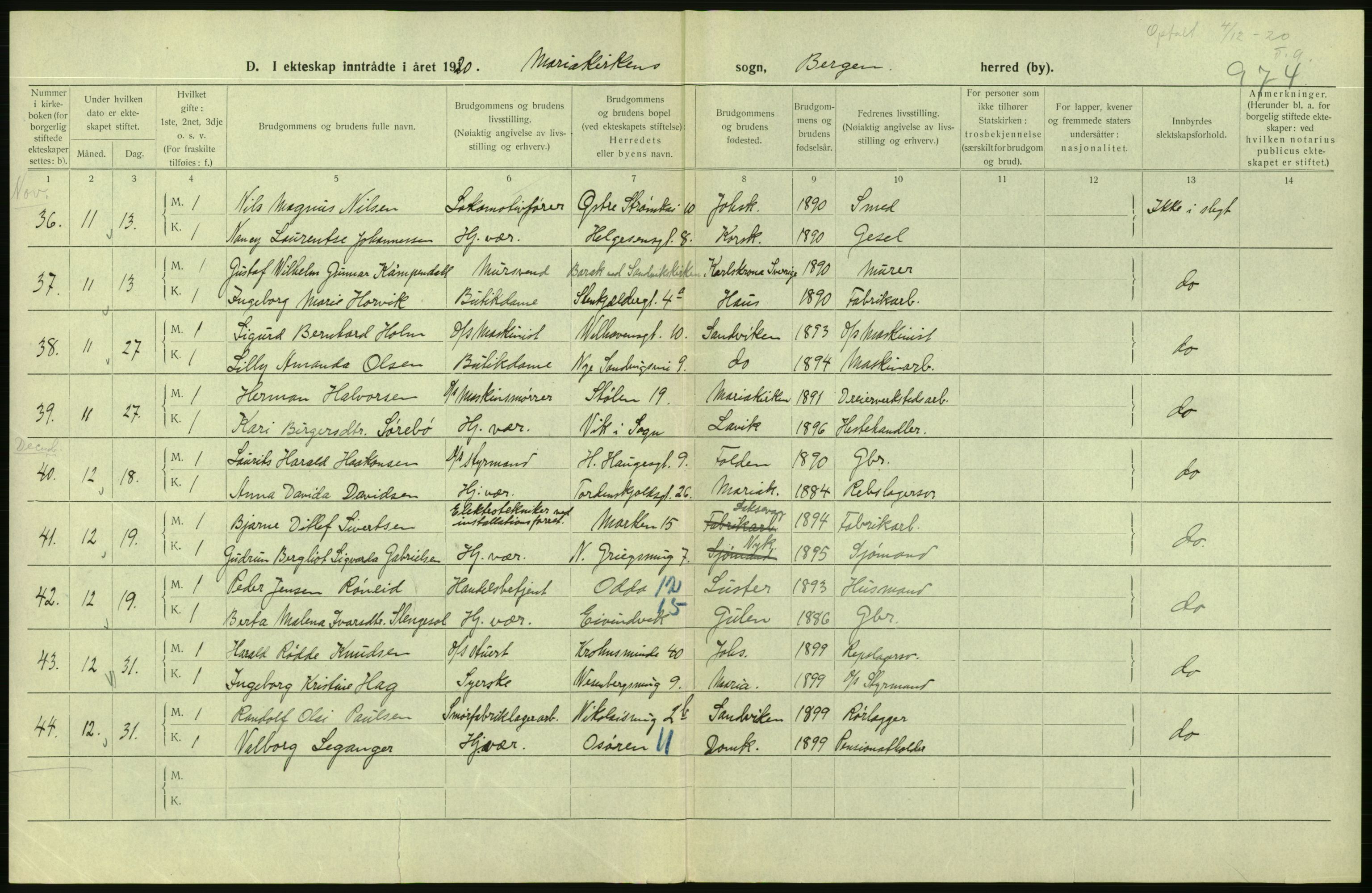 Statistisk sentralbyrå, Sosiodemografiske emner, Befolkning, AV/RA-S-2228/D/Df/Dfb/Dfbj/L0042: Bergen: Gifte, døde, dødfødte., 1920, p. 90