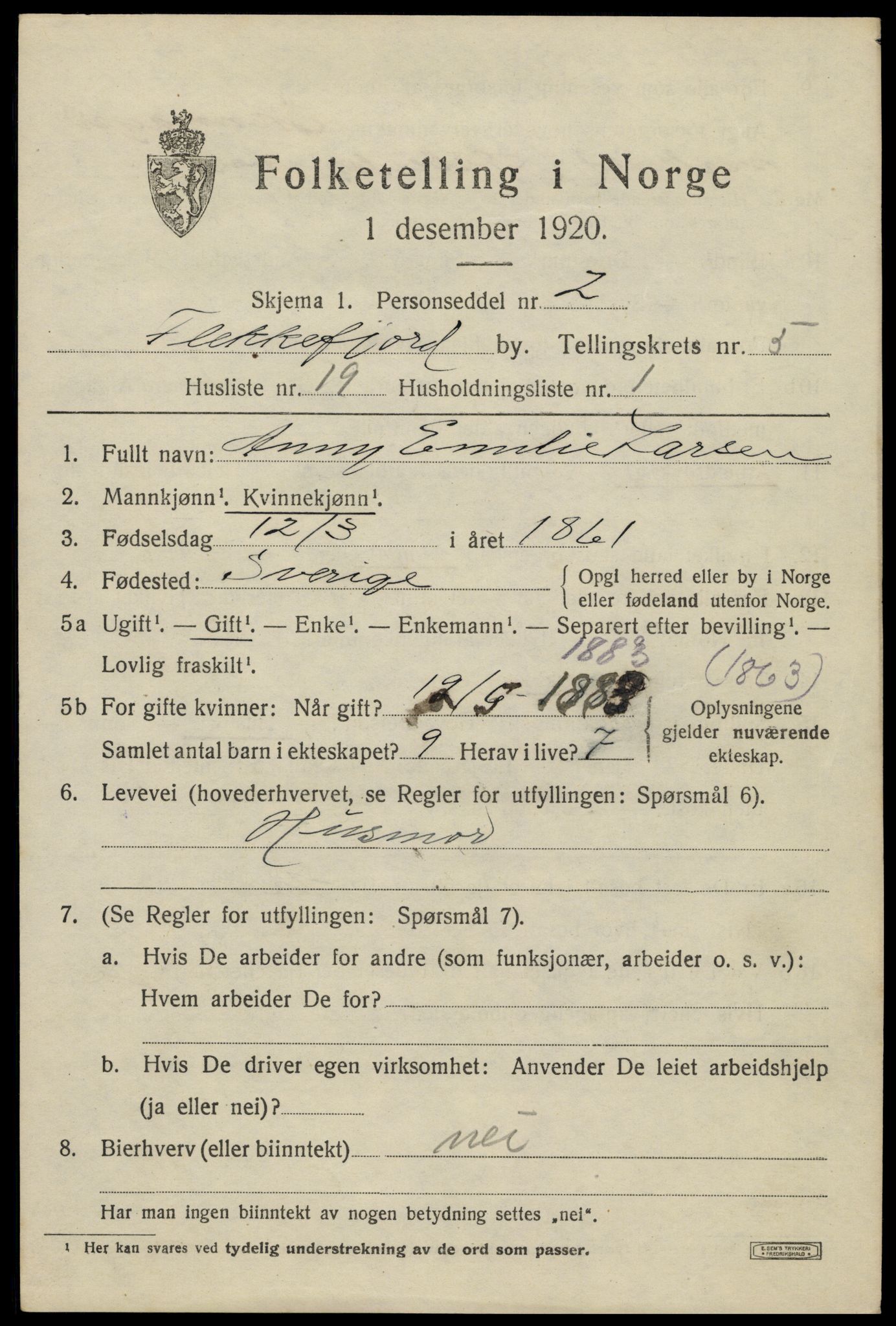 SAK, 1920 census for Flekkefjord, 1920, p. 5458