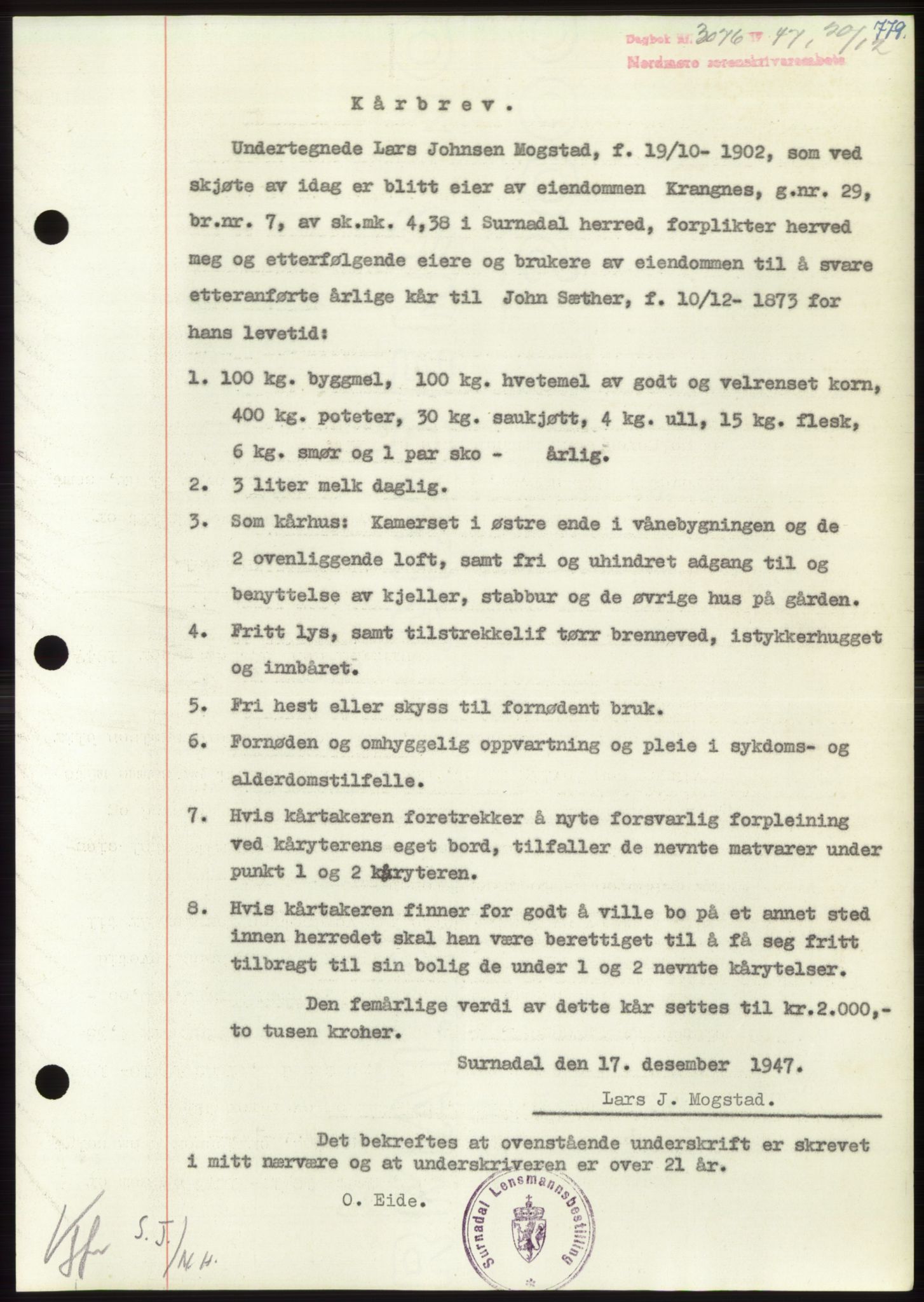 Nordmøre sorenskriveri, AV/SAT-A-4132/1/2/2Ca: Mortgage book no. B97, 1947-1948, Diary no: : 3076/1947