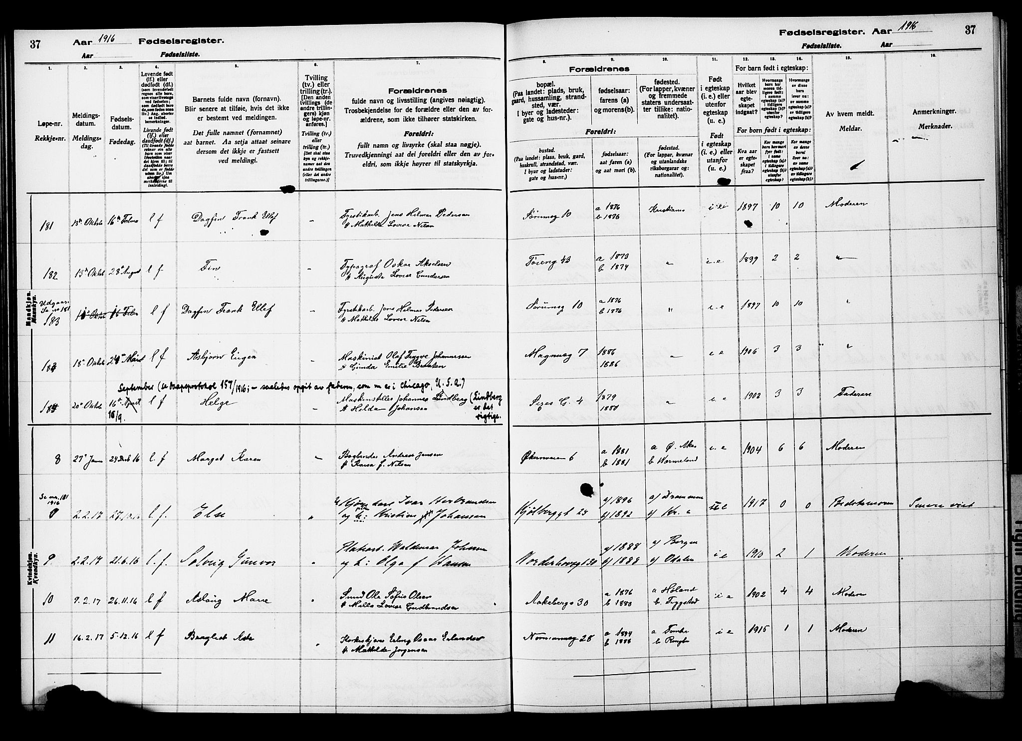 Kampen prestekontor Kirkebøker, SAO/A-10853/J/Ja/L0001: Birth register no. 1, 1916-1920, p. 37