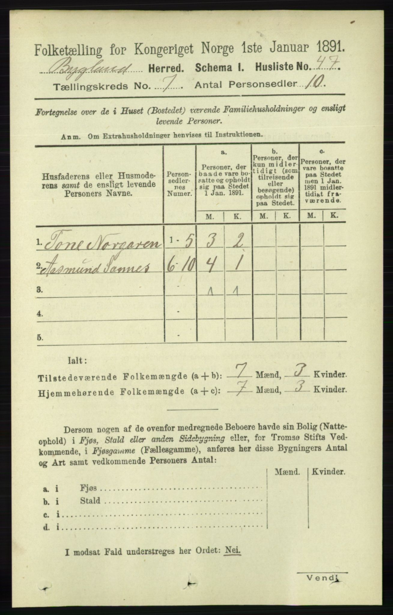 RA, 1891 census for 0938 Bygland, 1891, p. 1546