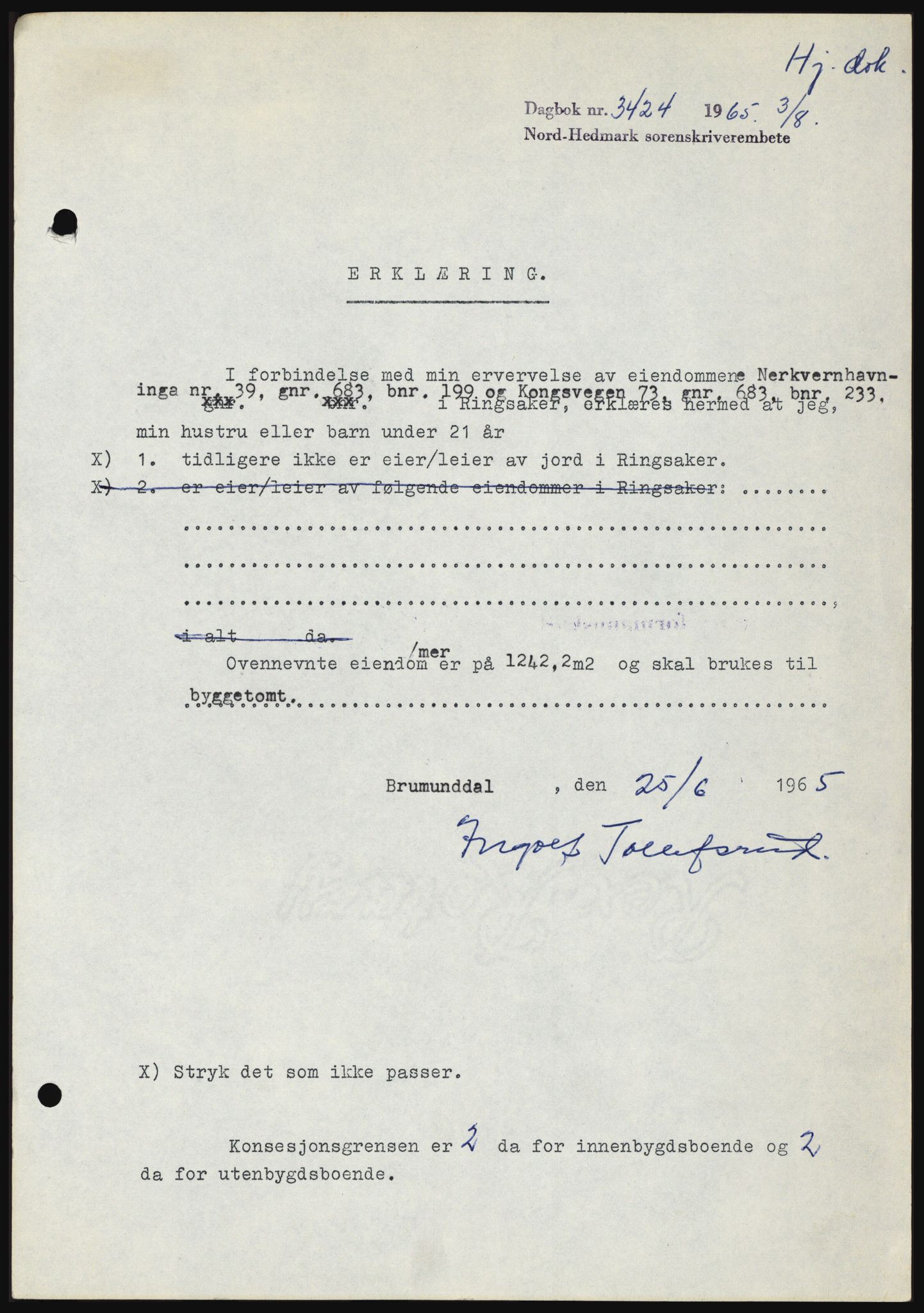 Nord-Hedmark sorenskriveri, SAH/TING-012/H/Hc/L0022: Mortgage book no. 22, 1965-1965, Diary no: : 3424/1965