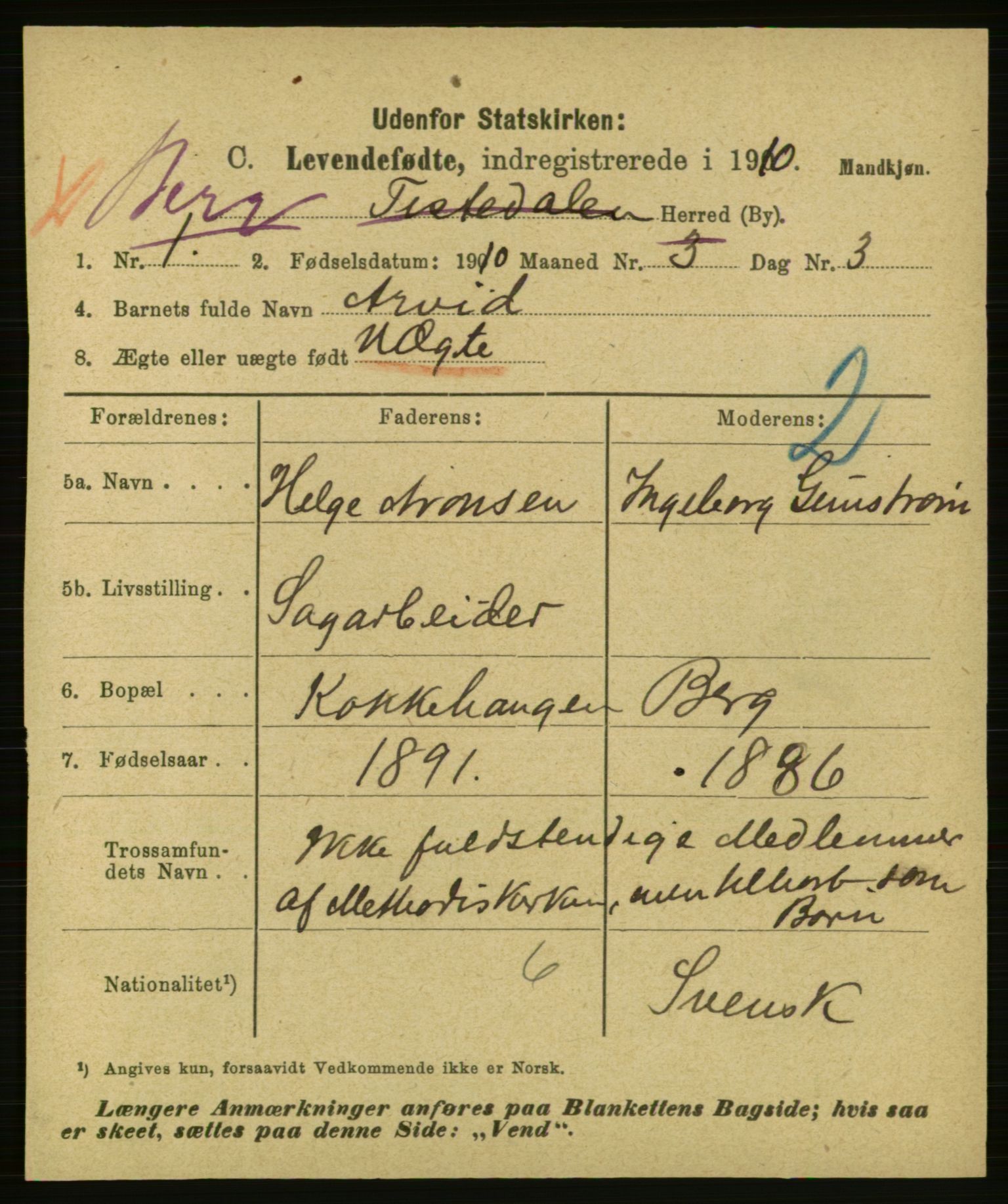 Statistisk sentralbyrå, Sosiodemografiske emner, Befolkning, AV/RA-S-2228/E/L0008: Fødte, gifte, døde dissentere., 1910, p. 7