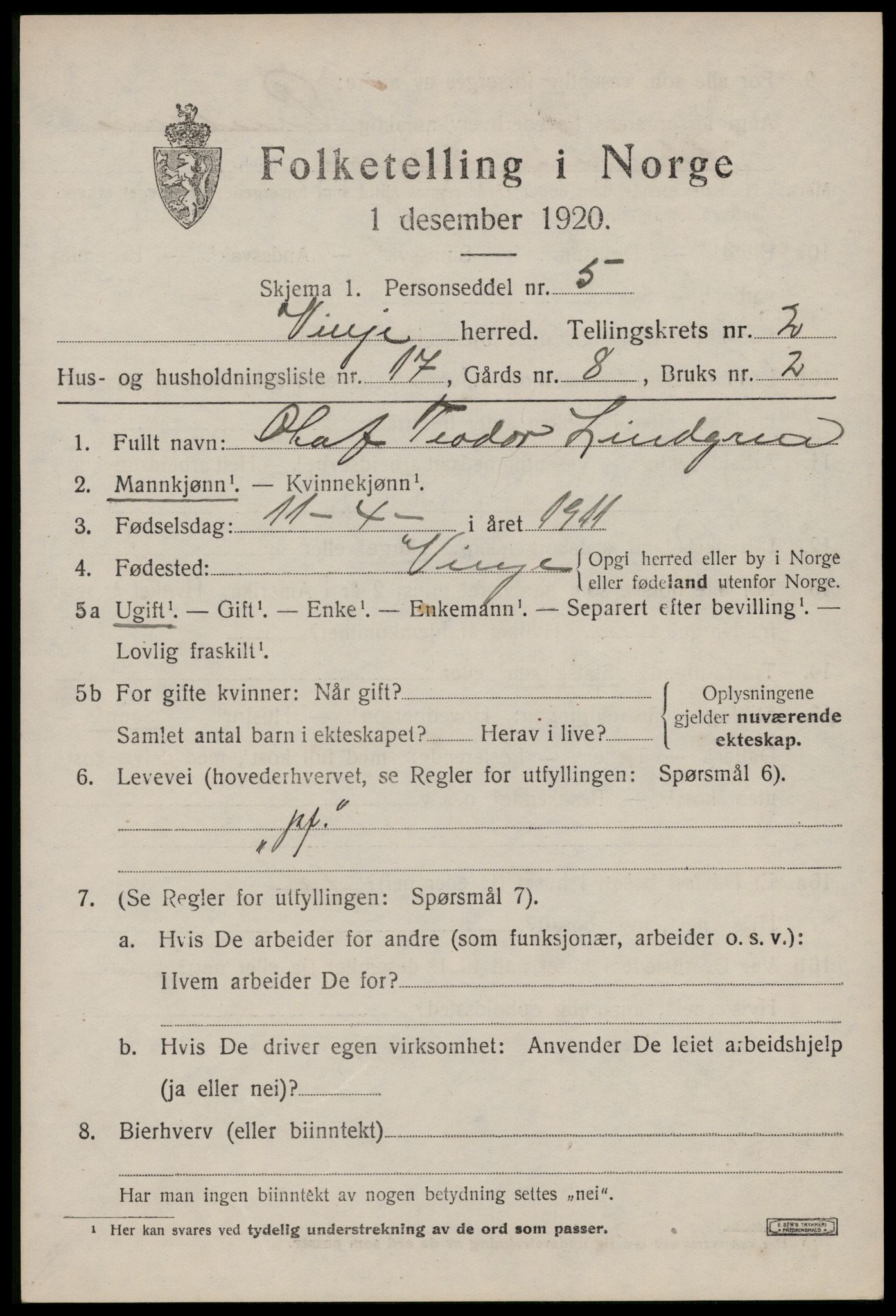 SAKO, 1920 census for Vinje, 1920, p. 1043