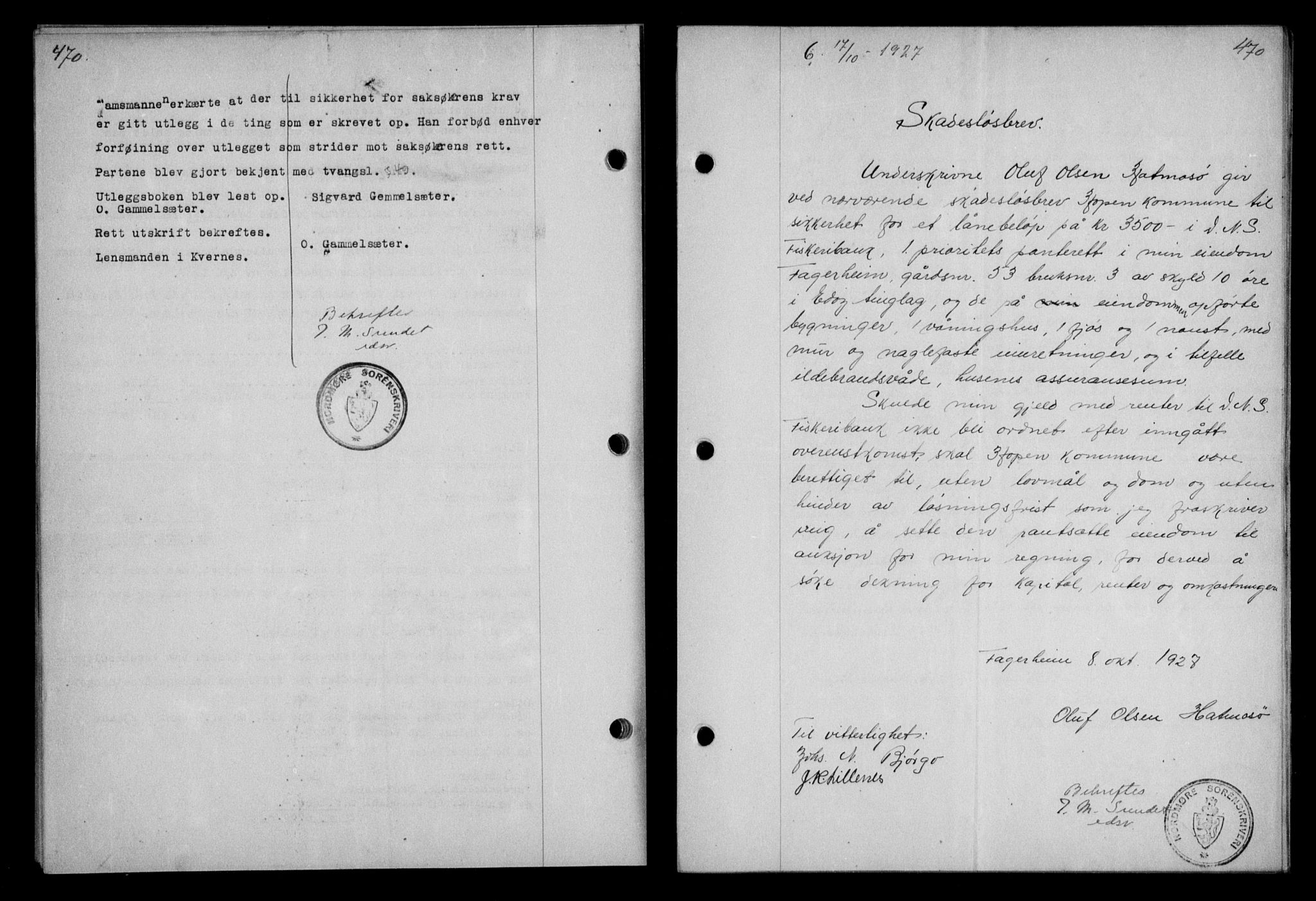 Nordmøre sorenskriveri, AV/SAT-A-4132/1/2/2Ca/L0062: Mortgage book no. 52, 1927-1927, Deed date: 17.10.1927