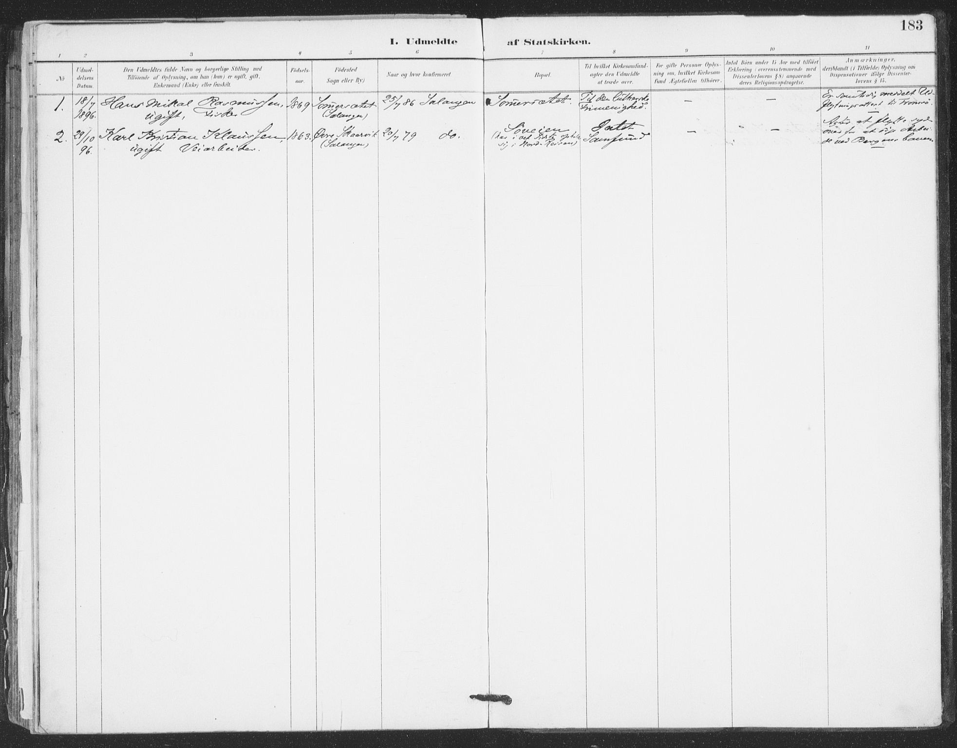 Ibestad sokneprestembete, AV/SATØ-S-0077/H/Ha/Haa/L0015kirke: Parish register (official) no. 15, 1888-1899, p. 183