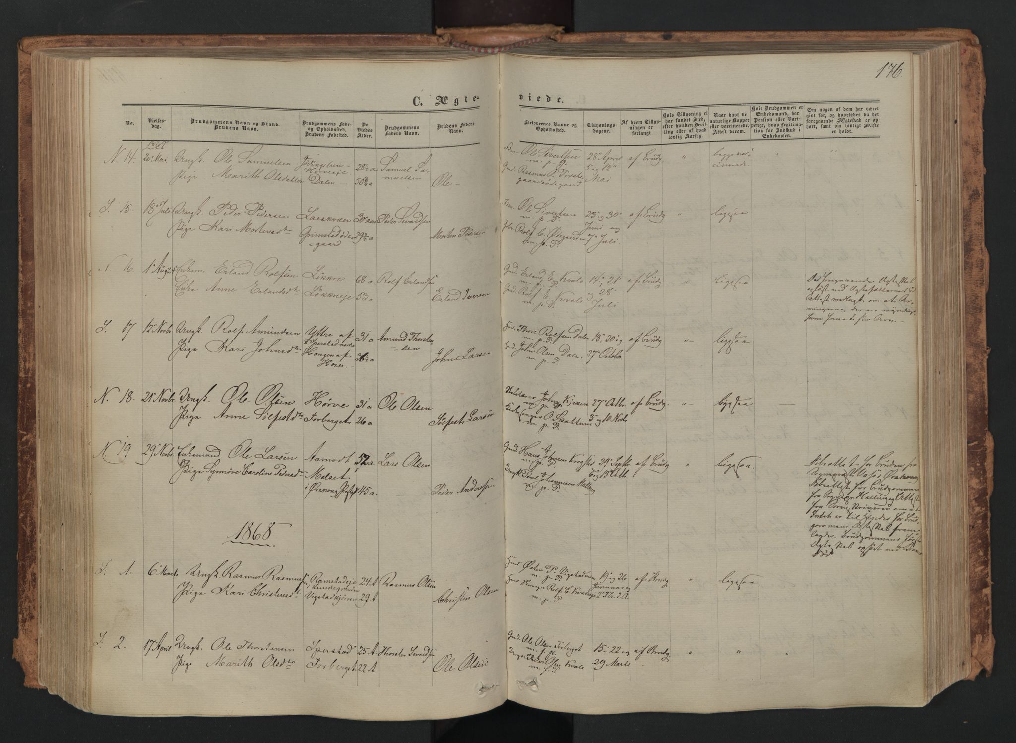 Skjåk prestekontor, AV/SAH-PREST-072/H/Ha/Haa/L0001: Parish register (official) no. 1, 1863-1879, p. 176