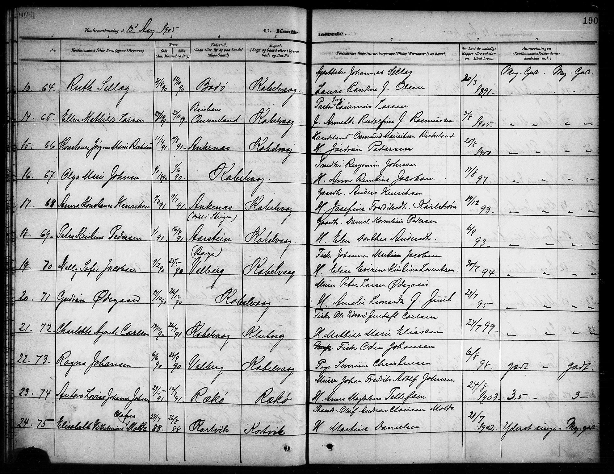 Ministerialprotokoller, klokkerbøker og fødselsregistre - Nordland, AV/SAT-A-1459/874/L1078: Parish register (copy) no. 874C07, 1900-1907, p. 190