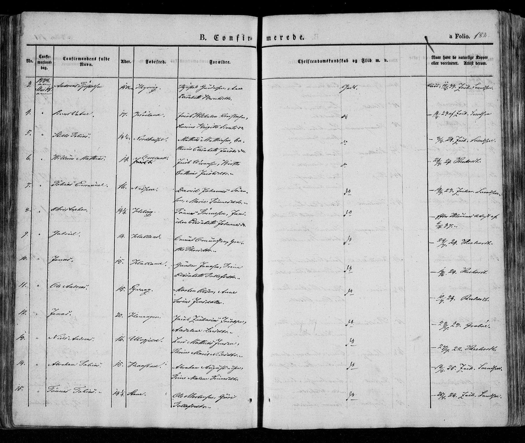 Lista sokneprestkontor, AV/SAK-1111-0027/F/Fa/L0009: Parish register (official) no. A 9, 1835-1846, p. 182