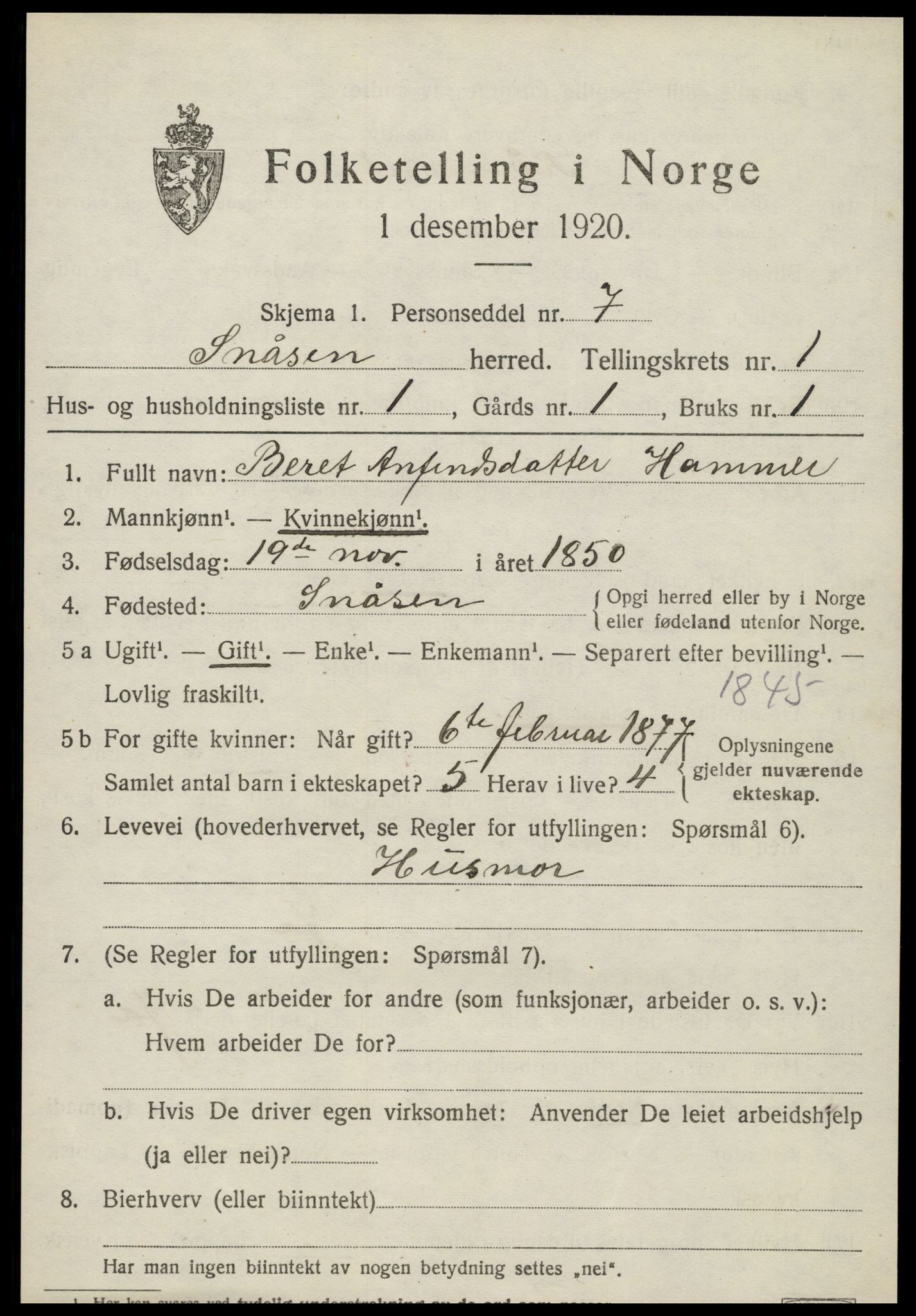 SAT, 1920 census for Snåsa, 1920, p. 1054