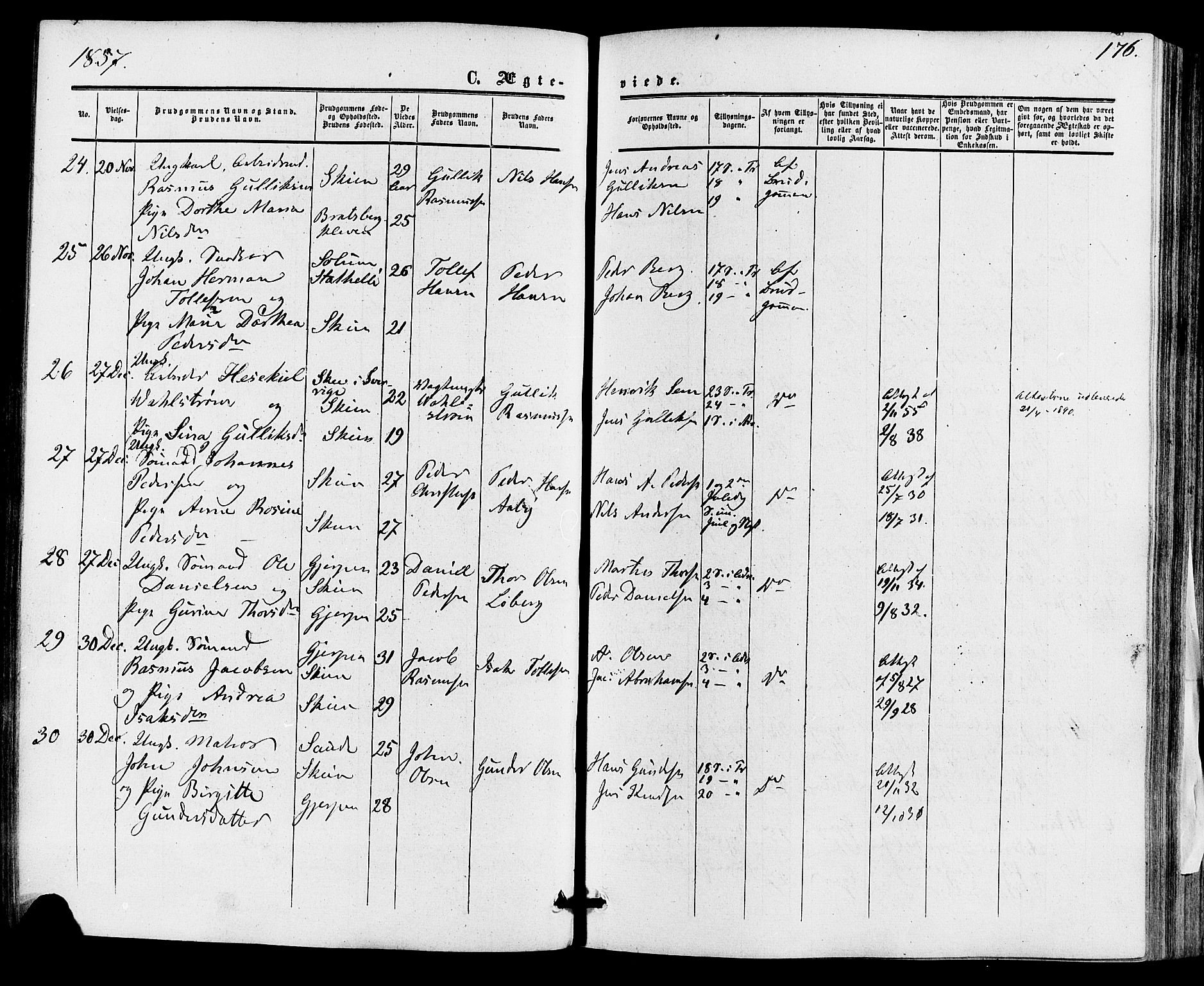 Skien kirkebøker, SAKO/A-302/F/Fa/L0007: Parish register (official) no. 7, 1856-1865, p. 176