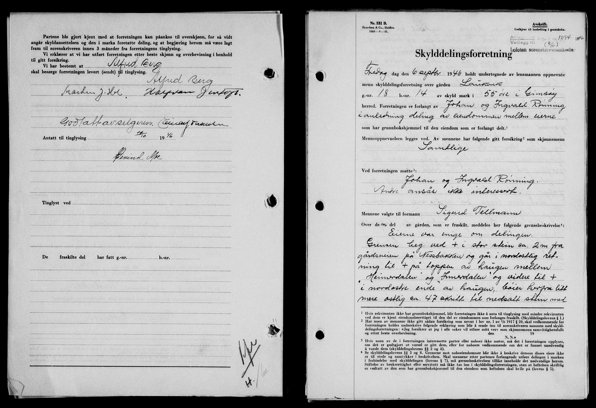 Lofoten sorenskriveri, SAT/A-0017/1/2/2C/L0014a: Mortgage book no. 14a, 1946-1946, Diary no: : 1394/1946