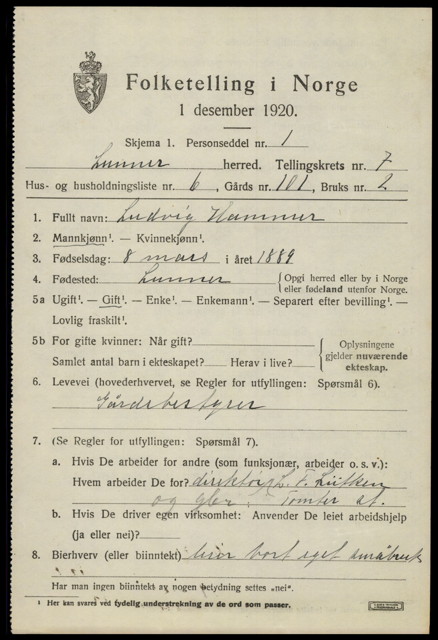 SAH, 1920 census for Lunner, 1920, p. 8643