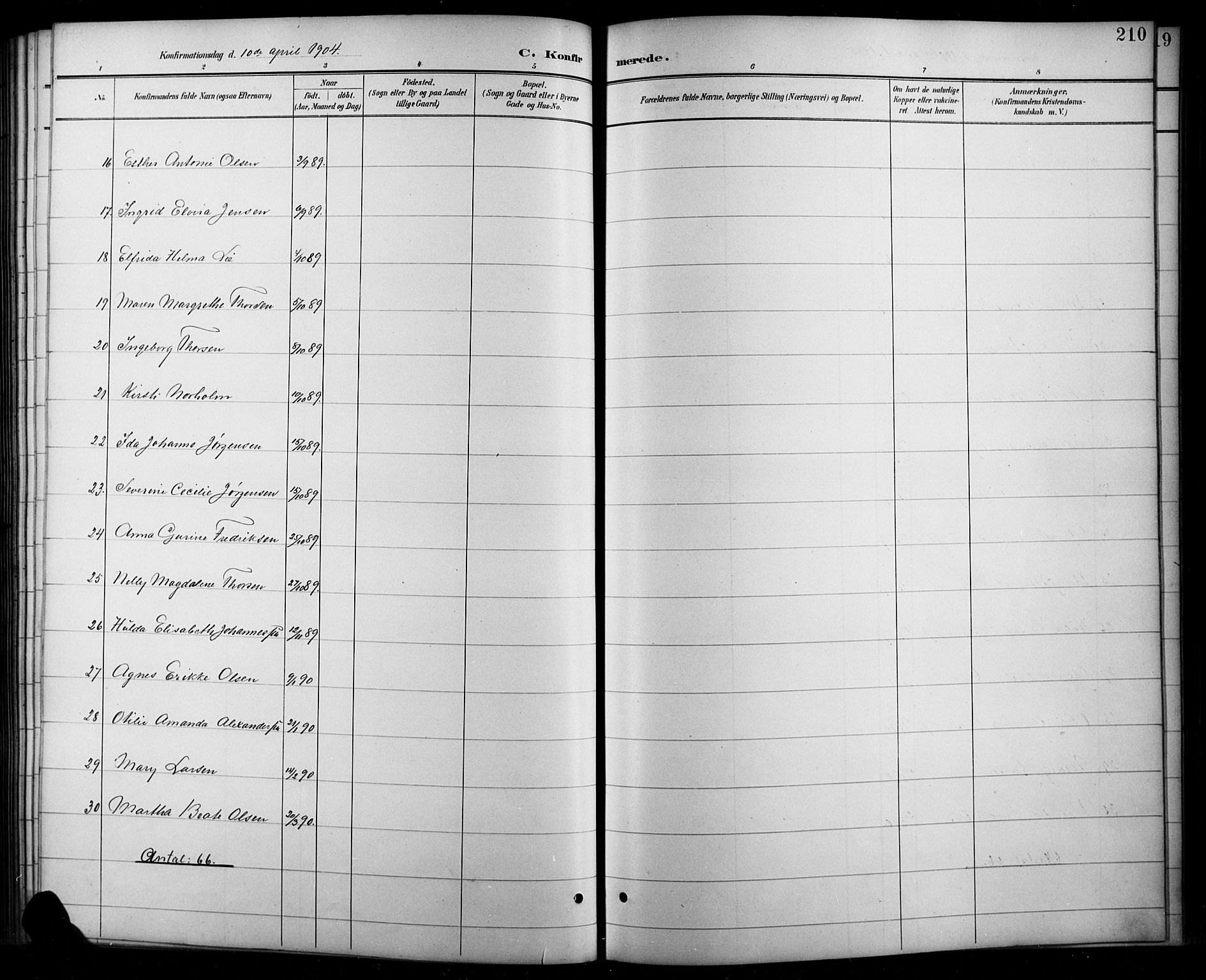 Arendal sokneprestkontor, Trefoldighet, AV/SAK-1111-0040/F/Fb/L0006: Parish register (copy) no. B 6, 1889-1916, p. 210