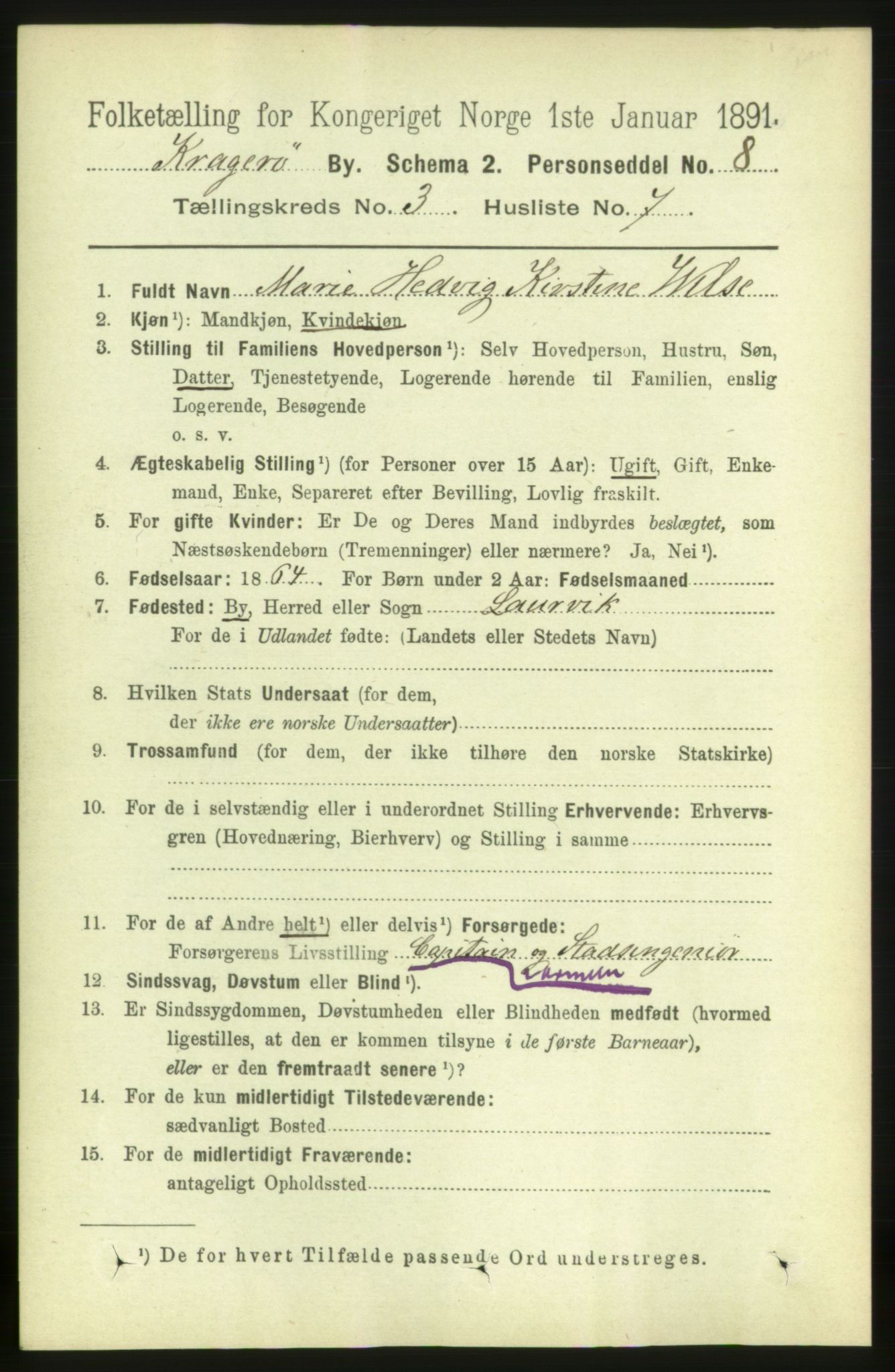 RA, 1891 census for 0801 Kragerø, 1891, p. 2730