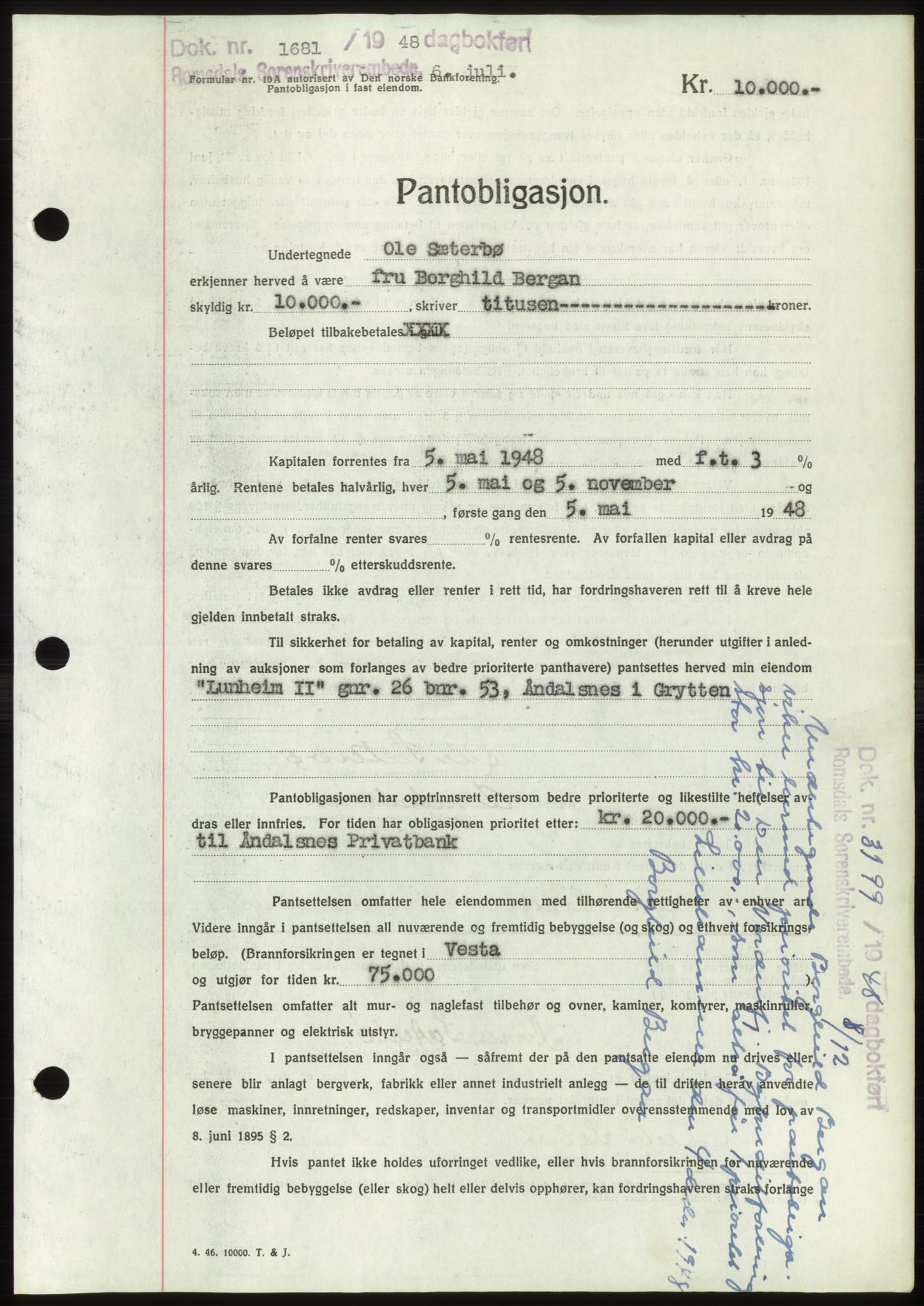 Romsdal sorenskriveri, AV/SAT-A-4149/1/2/2C: Mortgage book no. B4, 1948-1949, Diary no: : 1681/1948